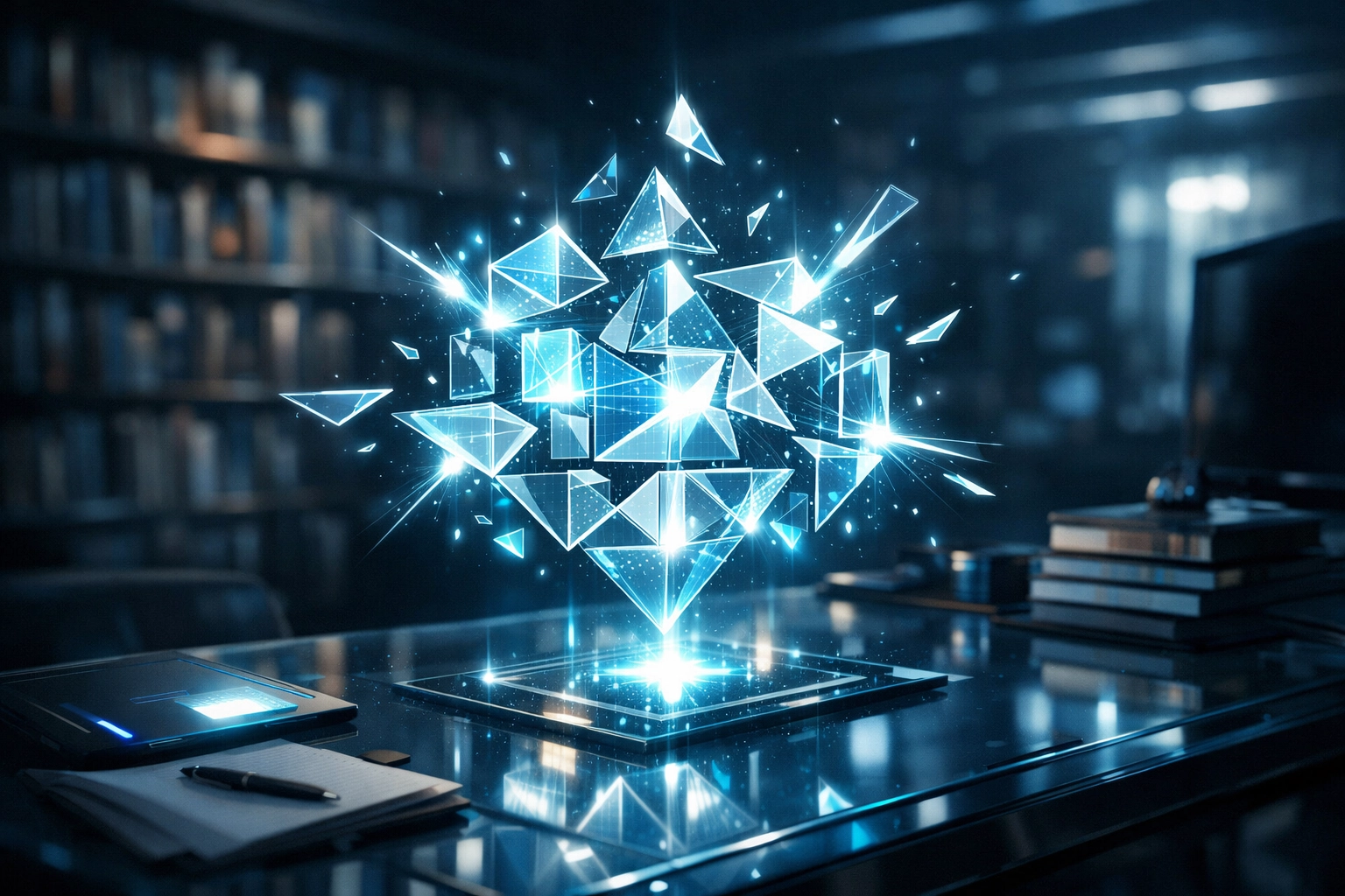 A futuristic holographic puzzle above a desk representing programming logic and computer science foundations.