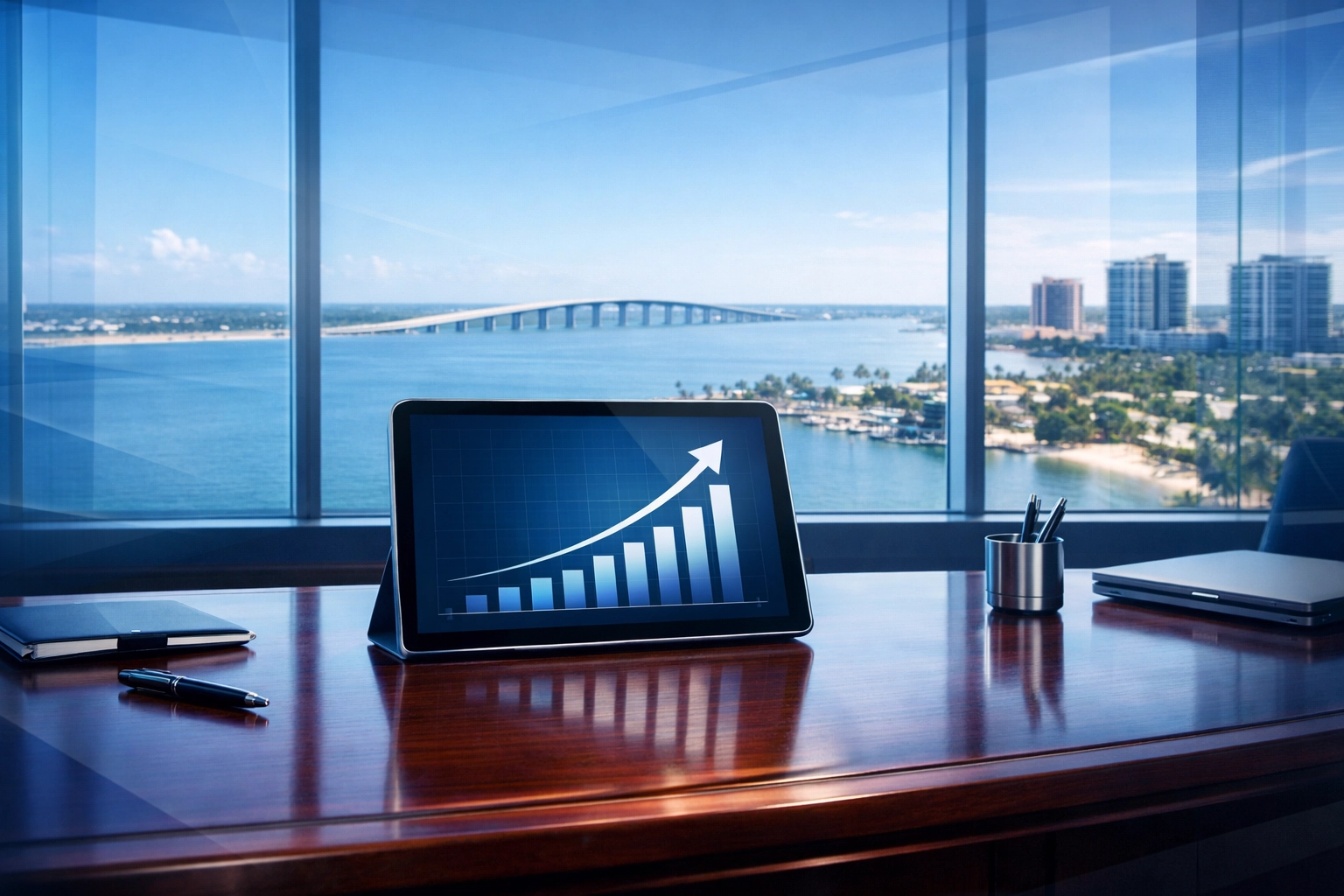 Modern Gulf Coast office showing business growth data for a plumbing franchise sale.