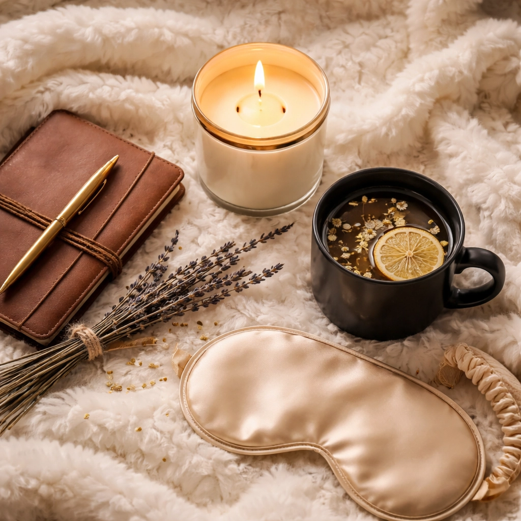 Cozy self-care essentials including a luxury candle, journal, tea, and gold accents on plush fur