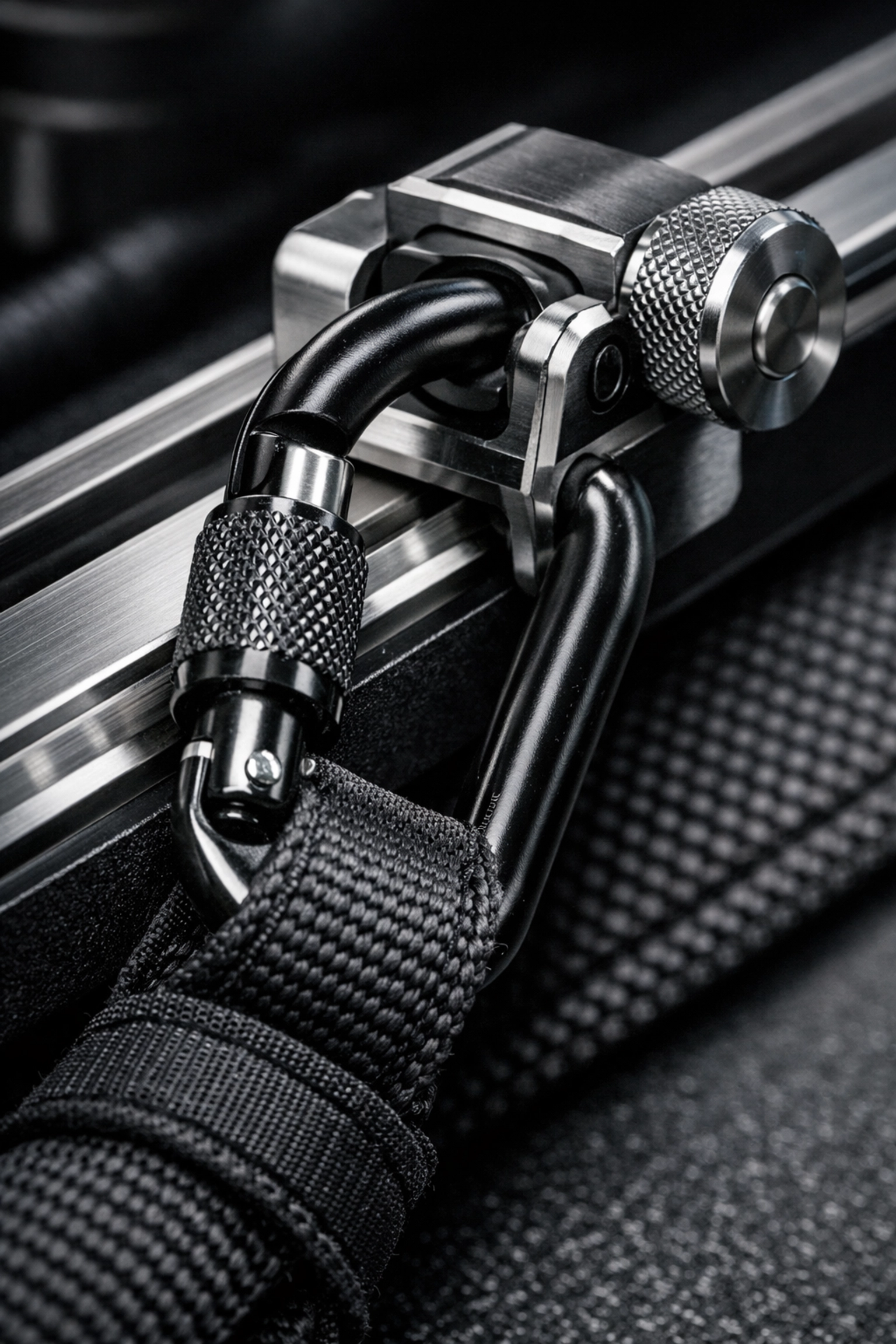 Close-up of heavy-duty carabiner and resistance band attached to a professional home gym rail system.