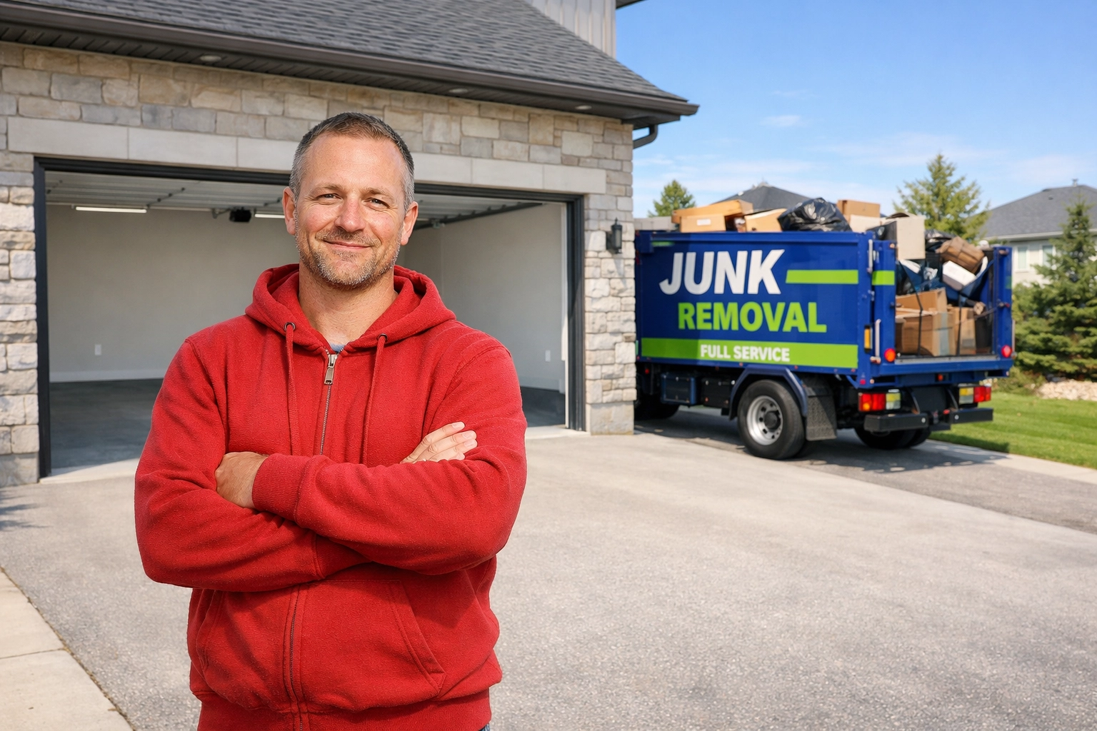 5 Tips for a Stress-Free Innisfil Garage Cleanout Roman from Junk GTA standing by a clean, empty Innisfil garage and a professional removal truck.