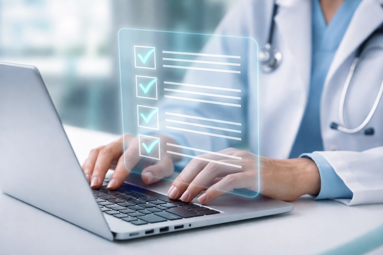 Healthcare administrator uses laptop with digital checklist to validate documentation in real time for Medicare compliance.