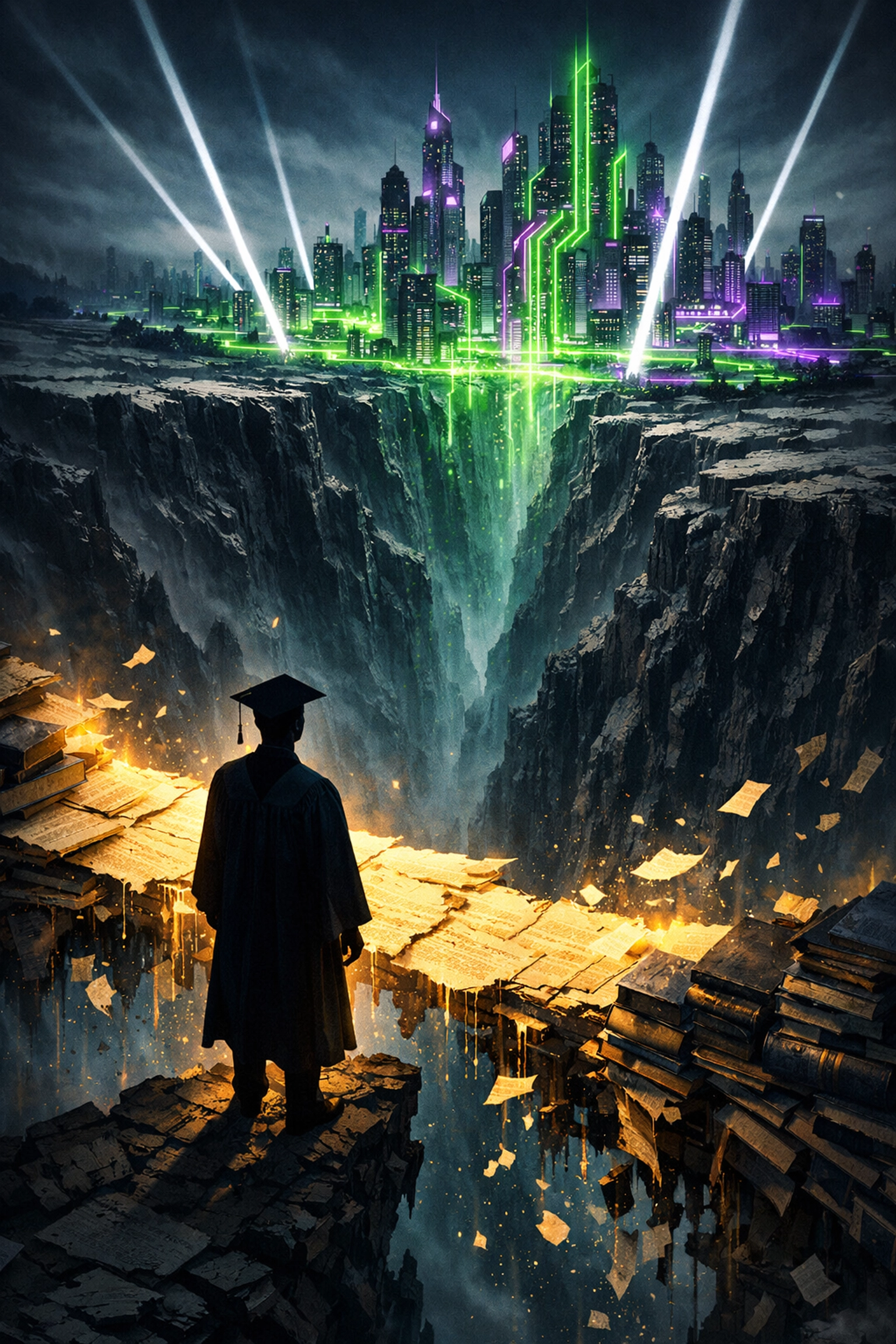 A graduate facing a digital divide, representing the campus-to-career gap in AI automation skills.