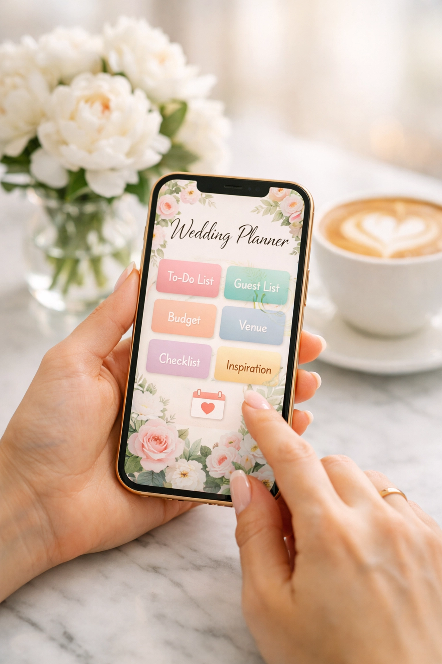 A couple using a digital wedding RSVP app on a smartphone to manage guest lists and funding easily.