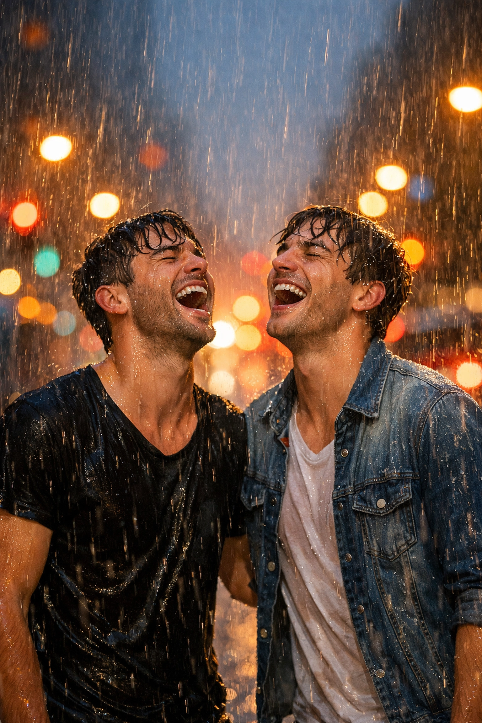 Gay couple laughing in sudden rainstorm on city street, soaked but joyful - MM romance
