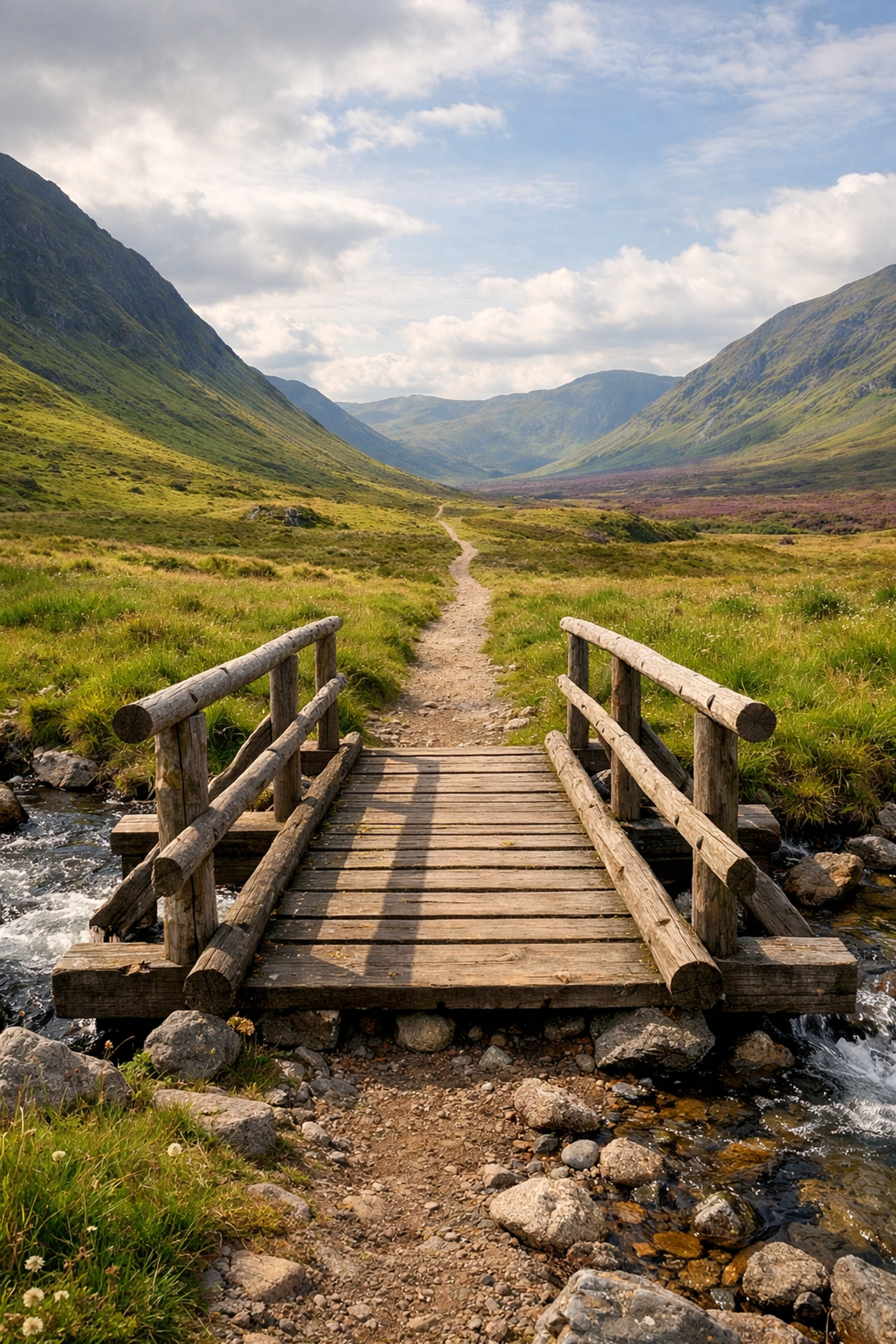A long-distance walking trail through a vibrant green valley with a rustic bridge in the Scottish Highlands.