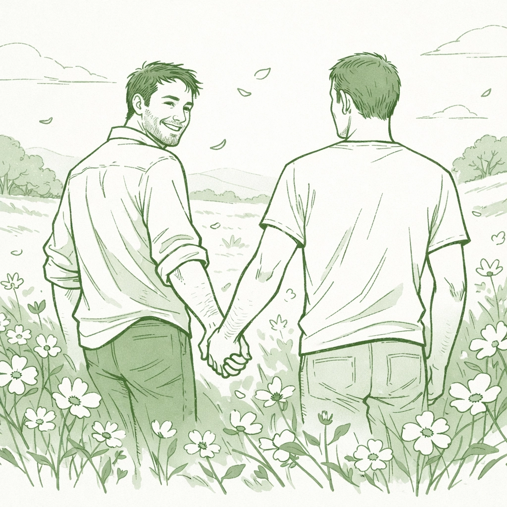 MM couple walking through spring flowers, symbolizing the emotional rebirth and joy of living authentically.