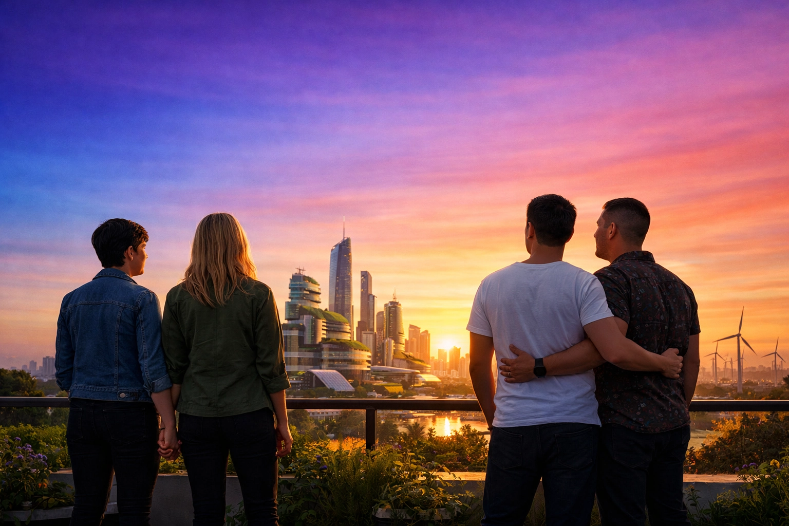 A diverse group of queer friends looking toward a futuristic city skyline, representing a visionary and resilient queer future.