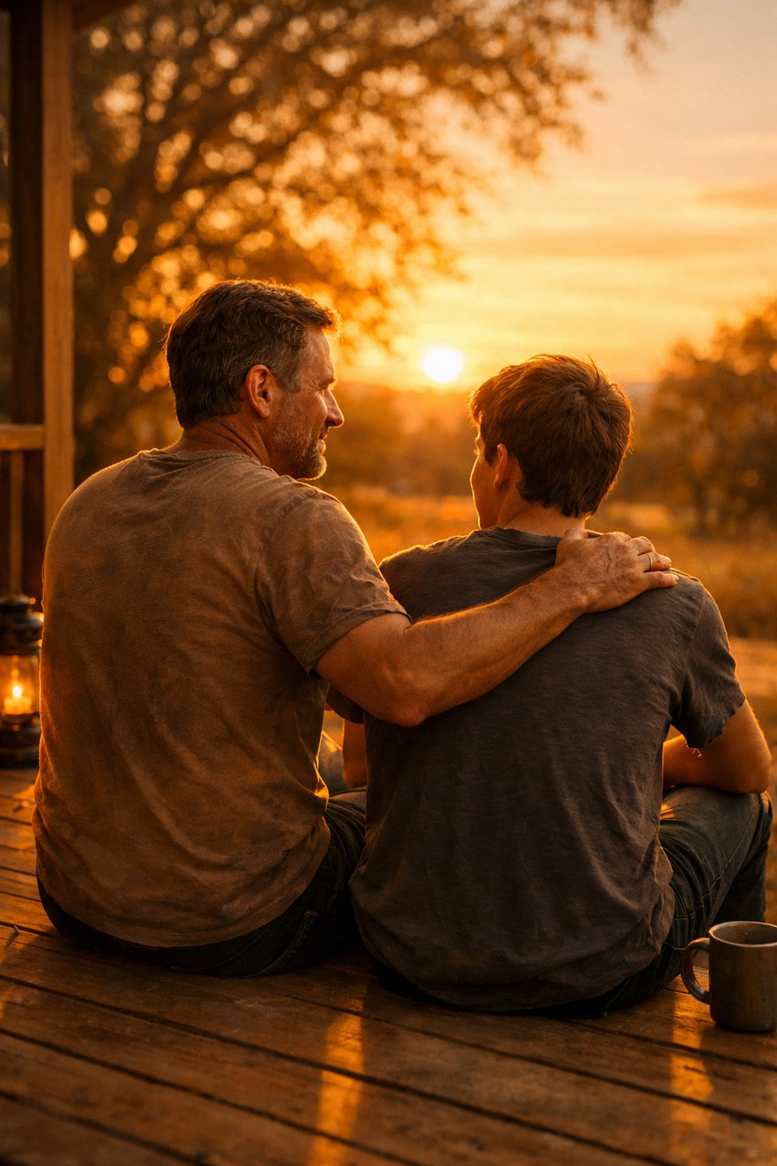 Father comforting his anxious teen son, illustrating grace-centered solutions and family connection.