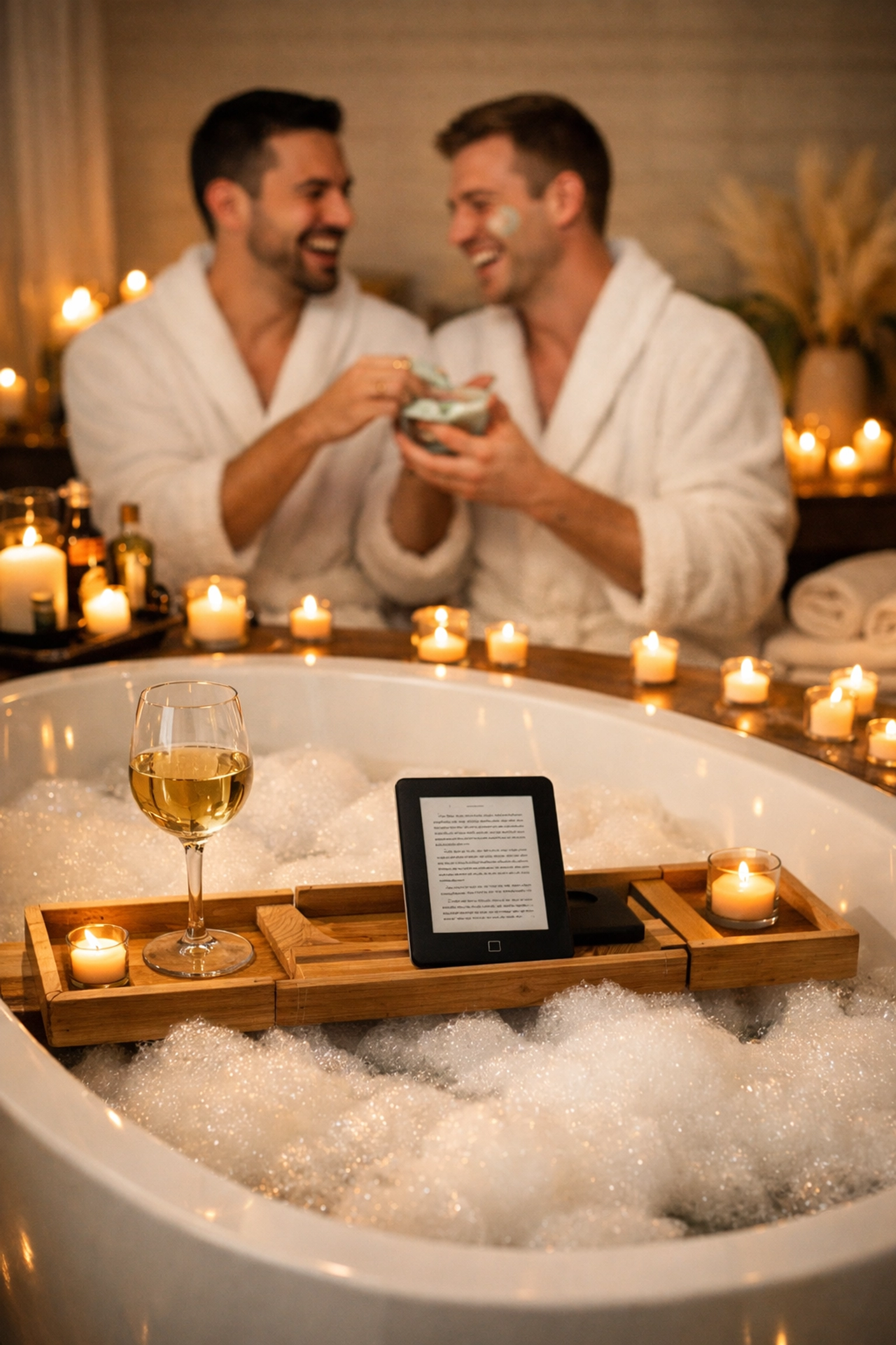 A cozy candlelit home spa setup for a gay couple featuring a soaking tub and winter wellness essentials.