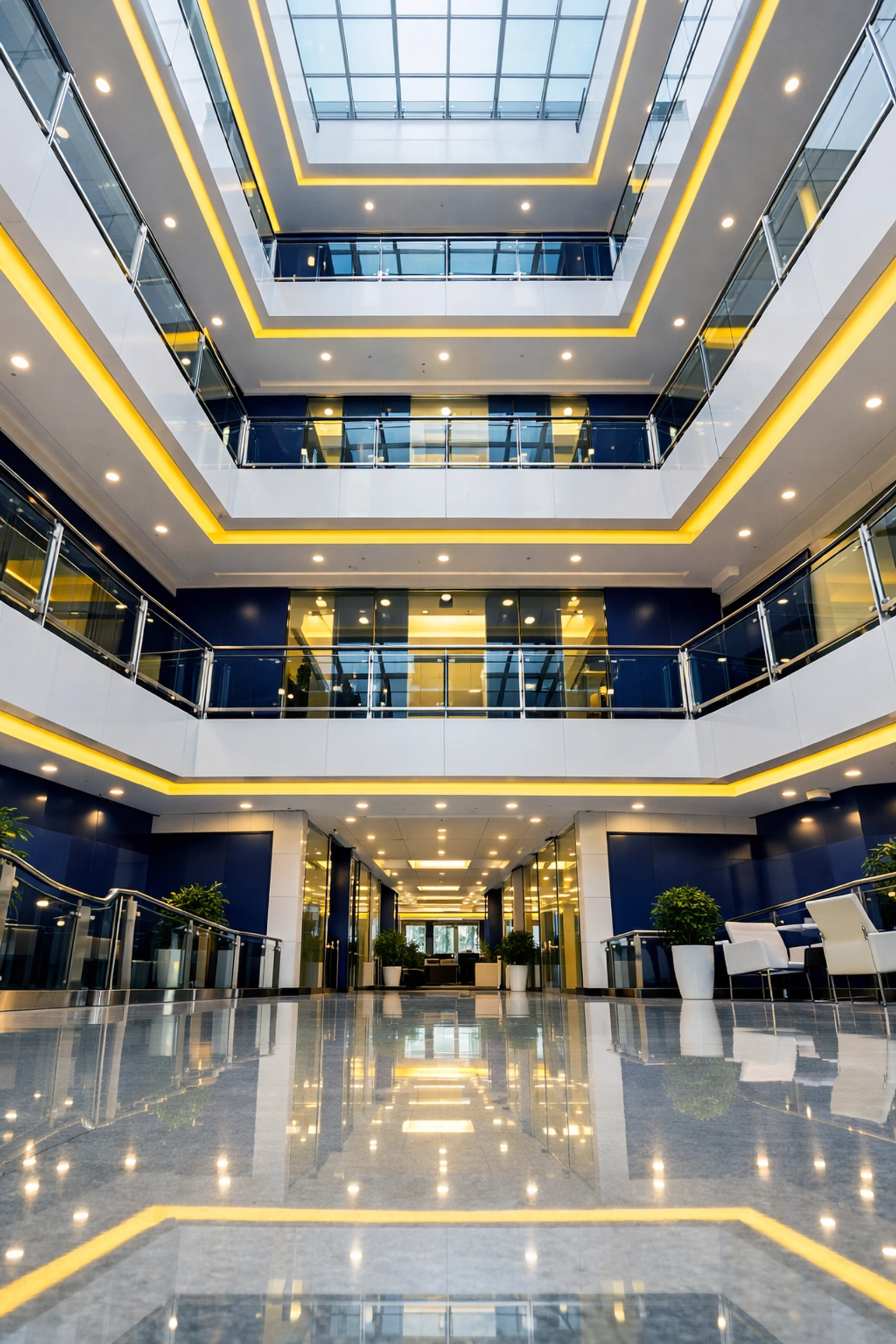 Flawless multi-story office atrium illustrating the high standard of professional janitorial services in Massachusetts.