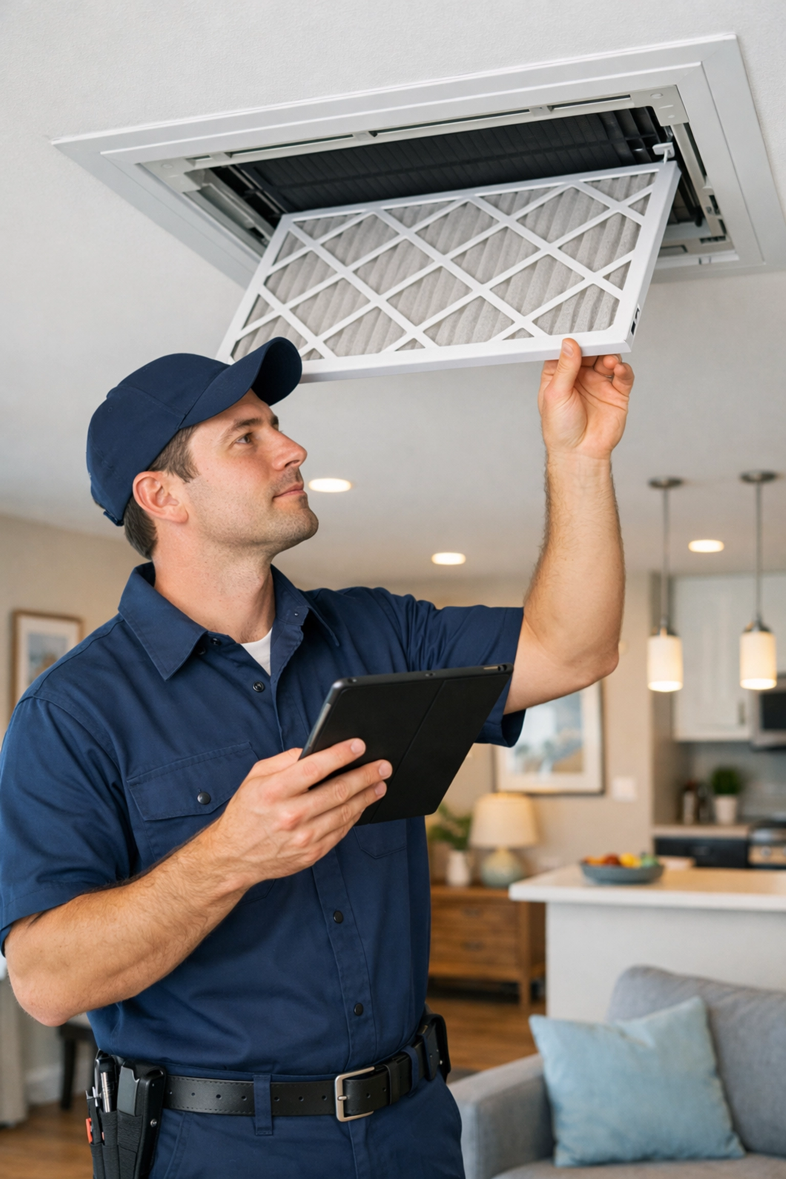 Maintenance technician performing proactive HVAC inspection in occupied apartment