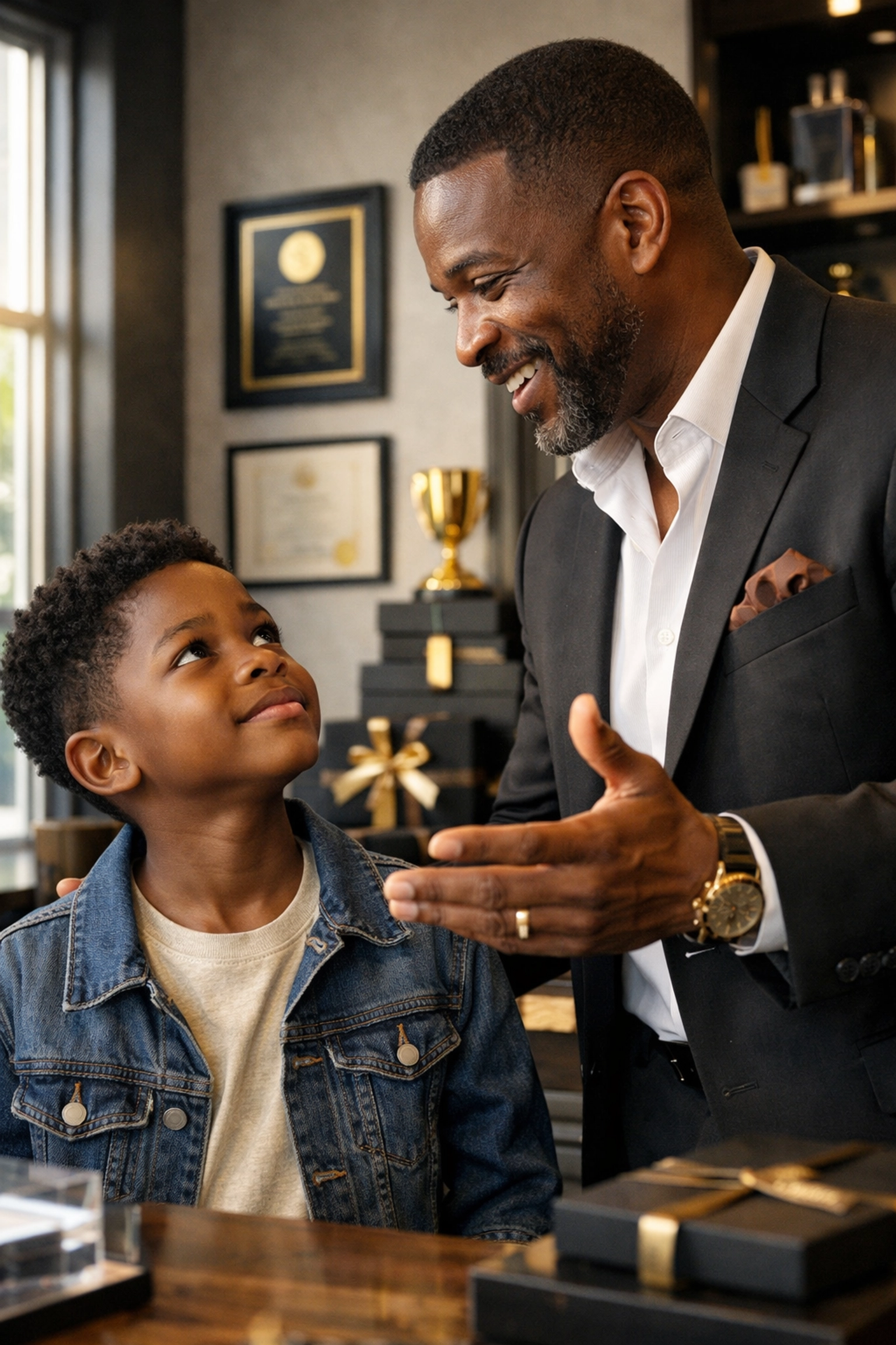 Black business owner mentoring young child about entrepreneurship and wealth building