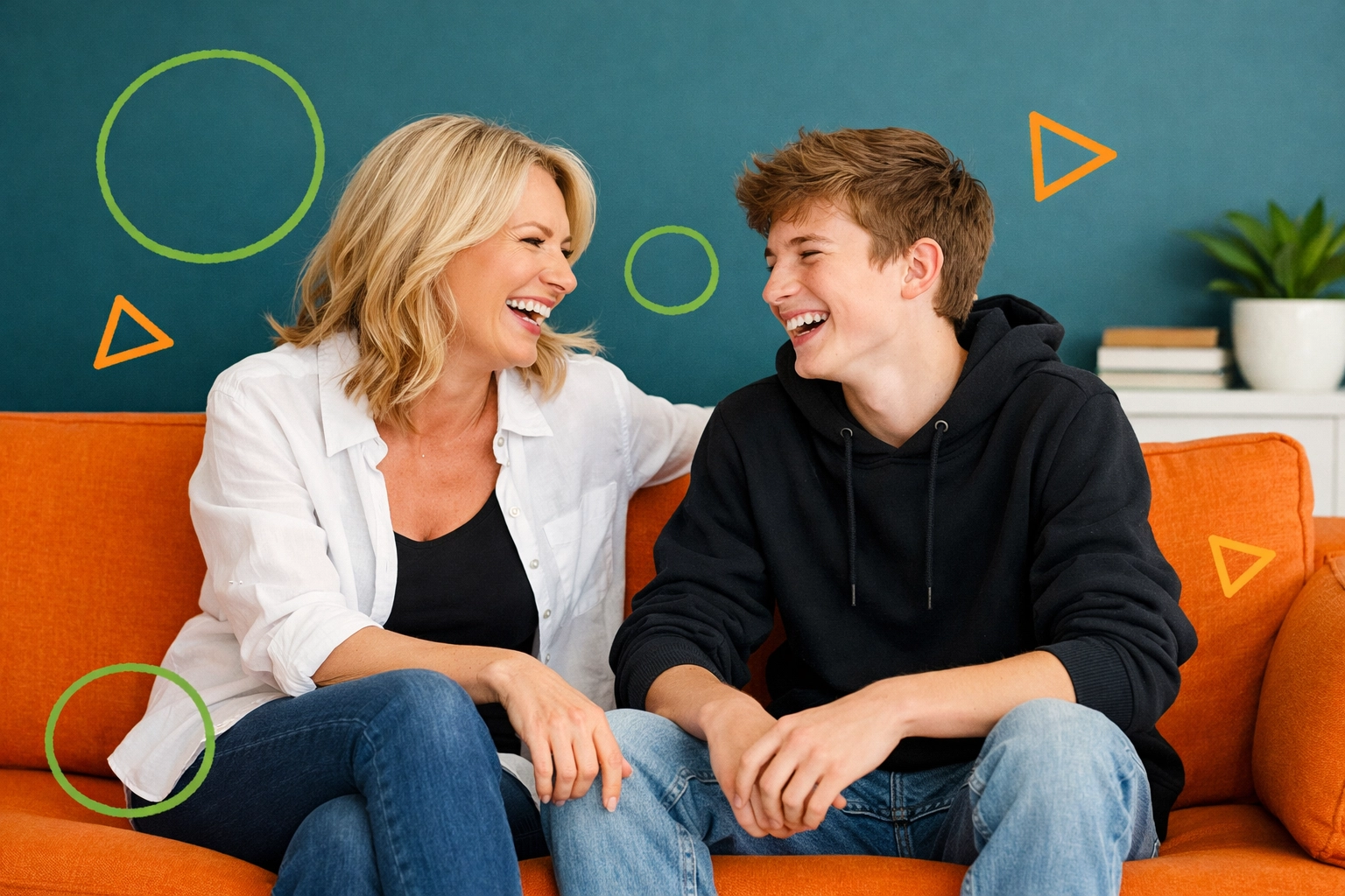 A mother and teenage son sharing a laugh, building independence by moving away from parental micromanagement.