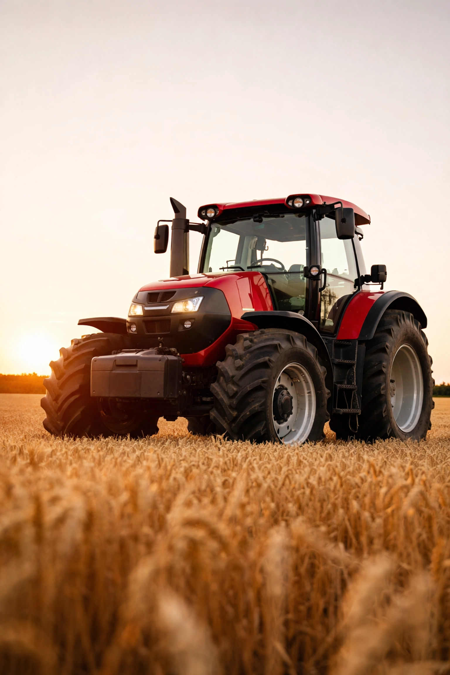 Modern red tractor with safety roll bar in a wheat field at sunset, emphasizing farm machinery safety