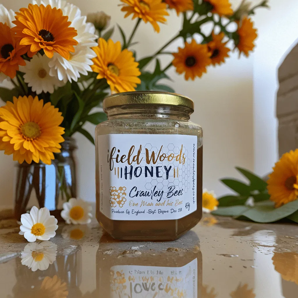 A jar of Crawley Bees’ Ifield Woods Honey sits on a reflective surface, surrounded by fresh yellow and white flowers.