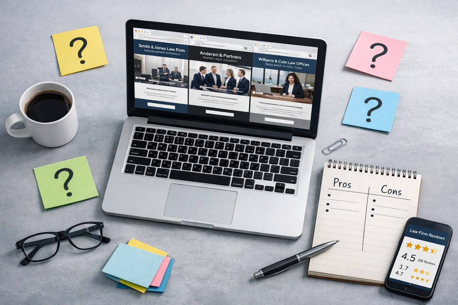 Workspace showing divorce lawyer research with online reviews and comparison notes