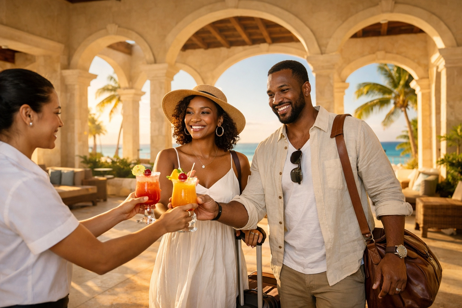 Black couple enjoying welcome drinks at a luxury resort lobby, perfect for all inclusive vacation packages.