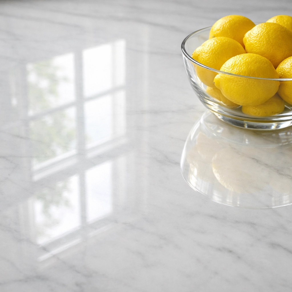 Streak-free polished marble countertop in a Hingham home showing professional weekly maintenance.