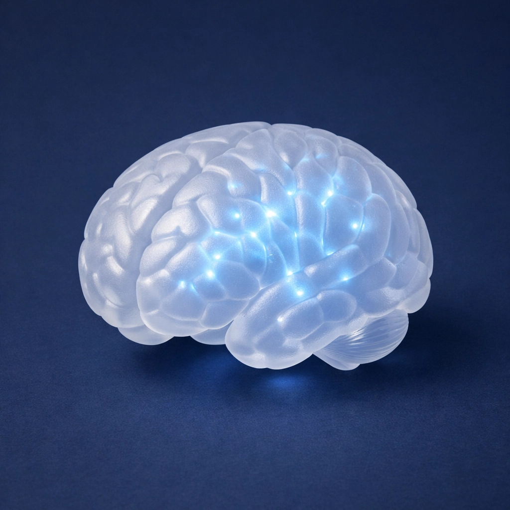 A glowing glass brain sculpture representing neuroplasticity and neural activity for cognitive health.