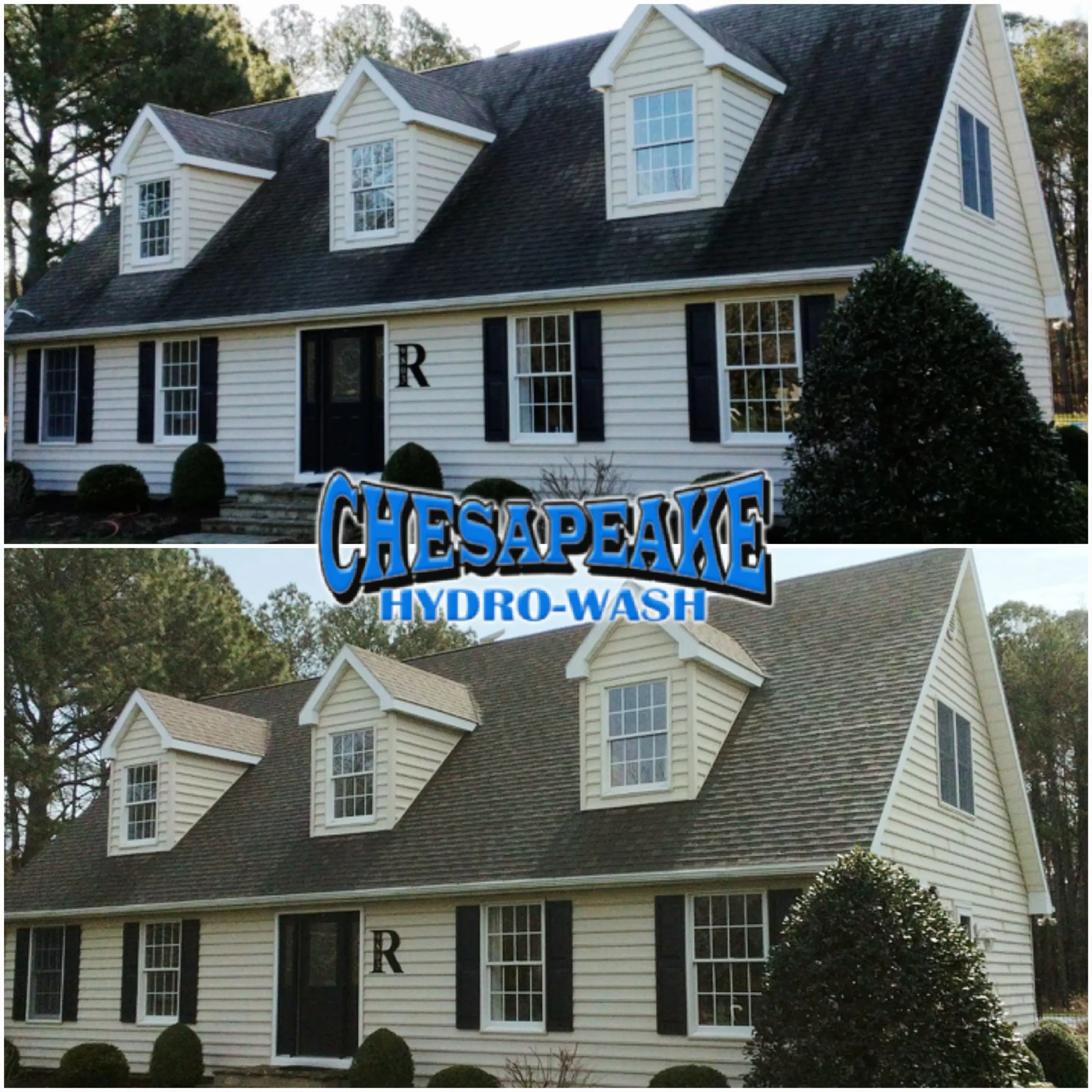 Before and after comparison of a house exterior featuring dramatic roof cleaning results