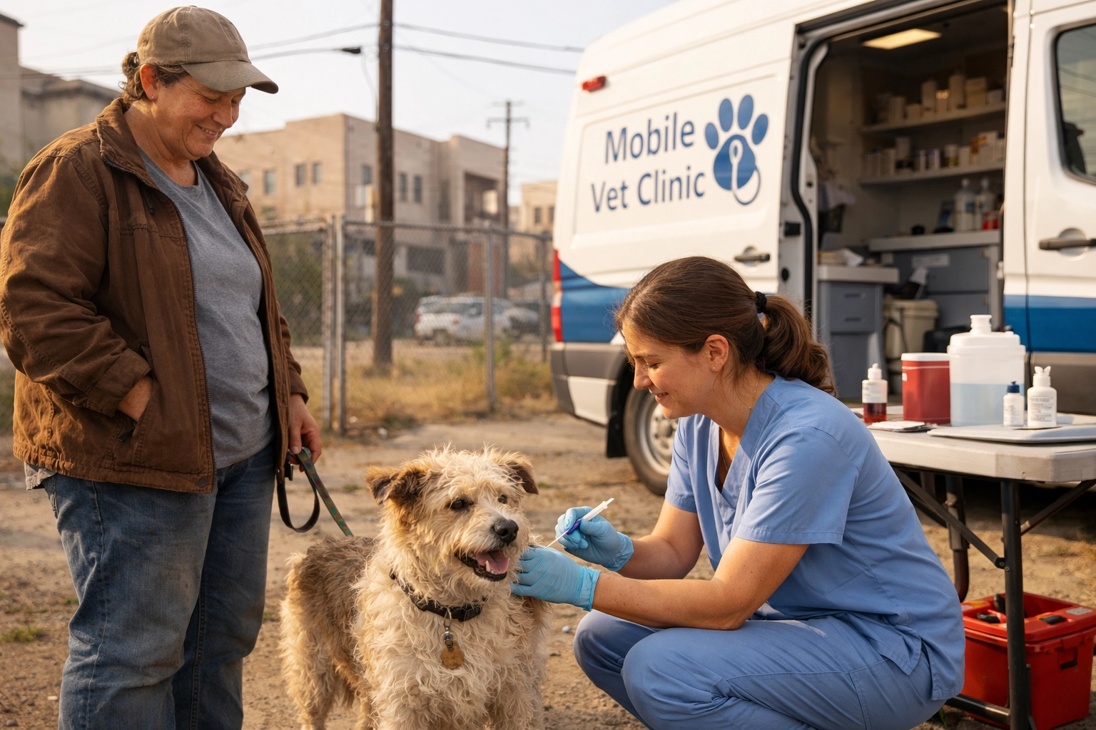 Mobile veterinary clinic providing leptospirosis vaccine to dog in underserved community