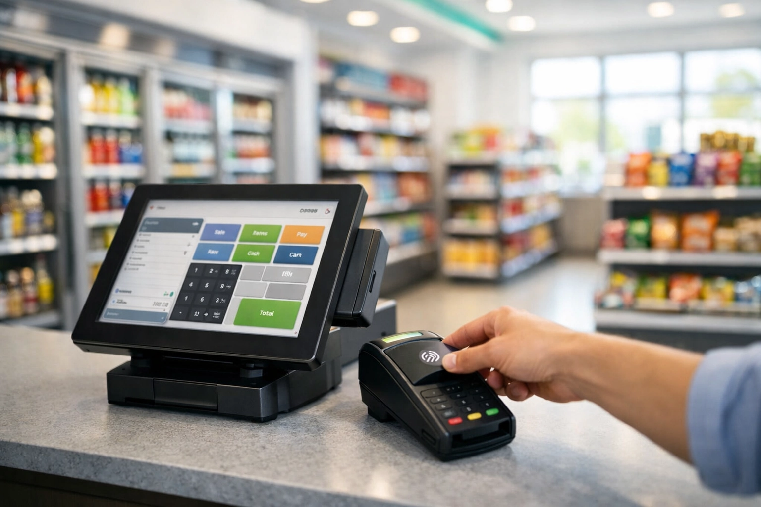 Modern convenience store POS terminal with contactless payment processing at checkout counter