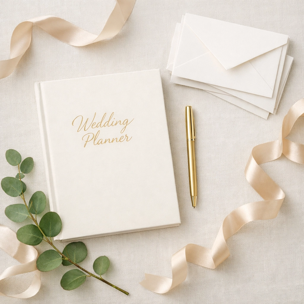 Elegant wedding planner and stationery for debt-free wedding budget management.