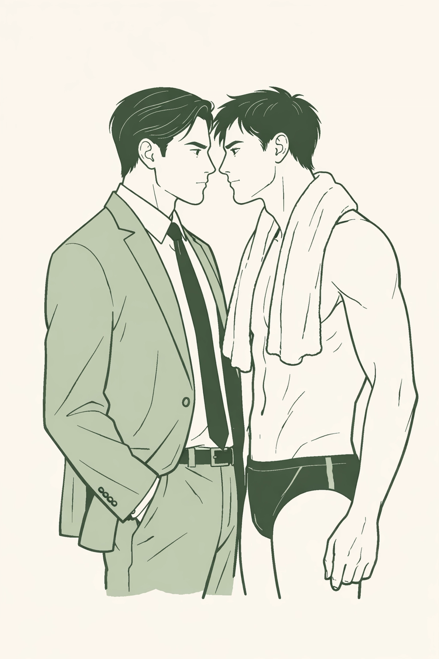 Minimalist MM romance illustration of a professional man and swimmer in a high-angst moment.