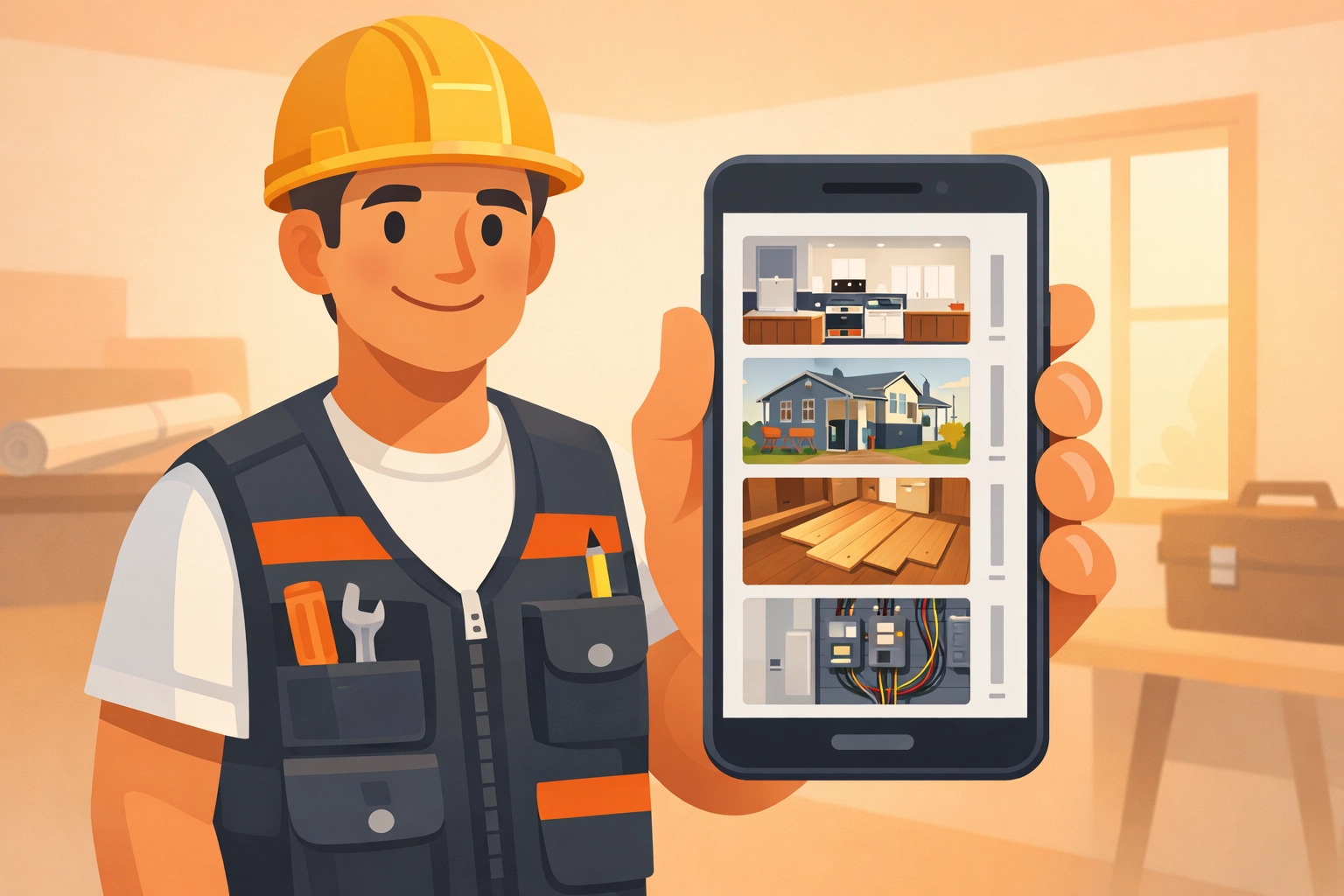 Professional contractor viewing a vertical photo timeline of job progress on a mobile device.