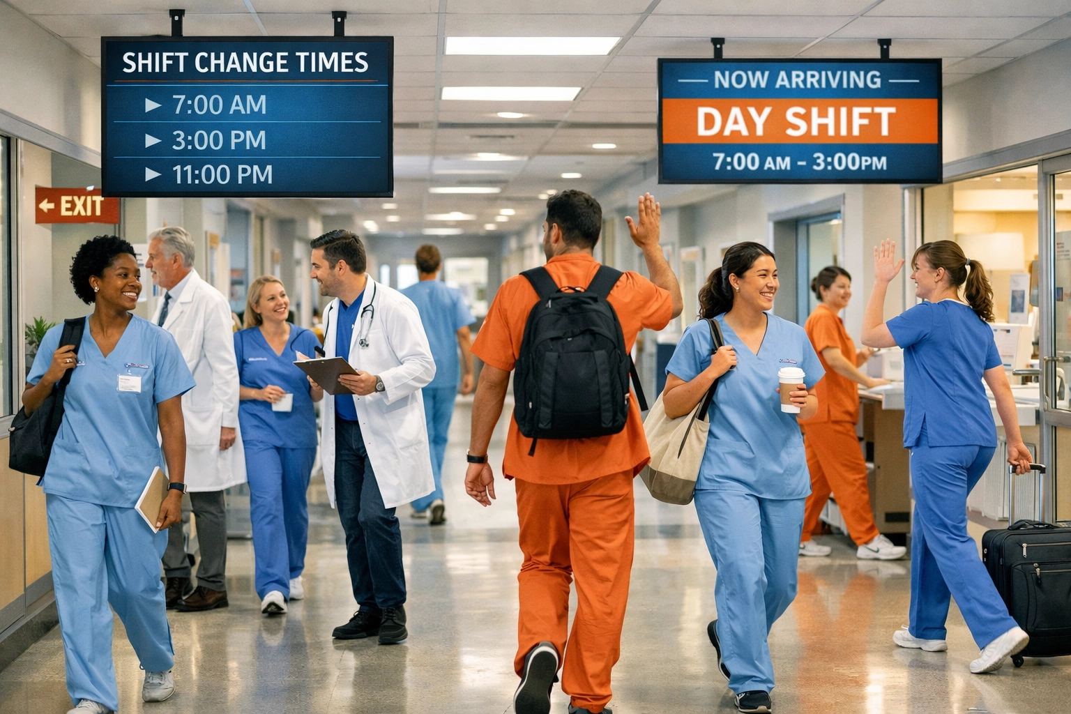 Dynamic hospital wing with nurses and doctors moving efficiently, showcasing flexible healthcare workforce solutions.
