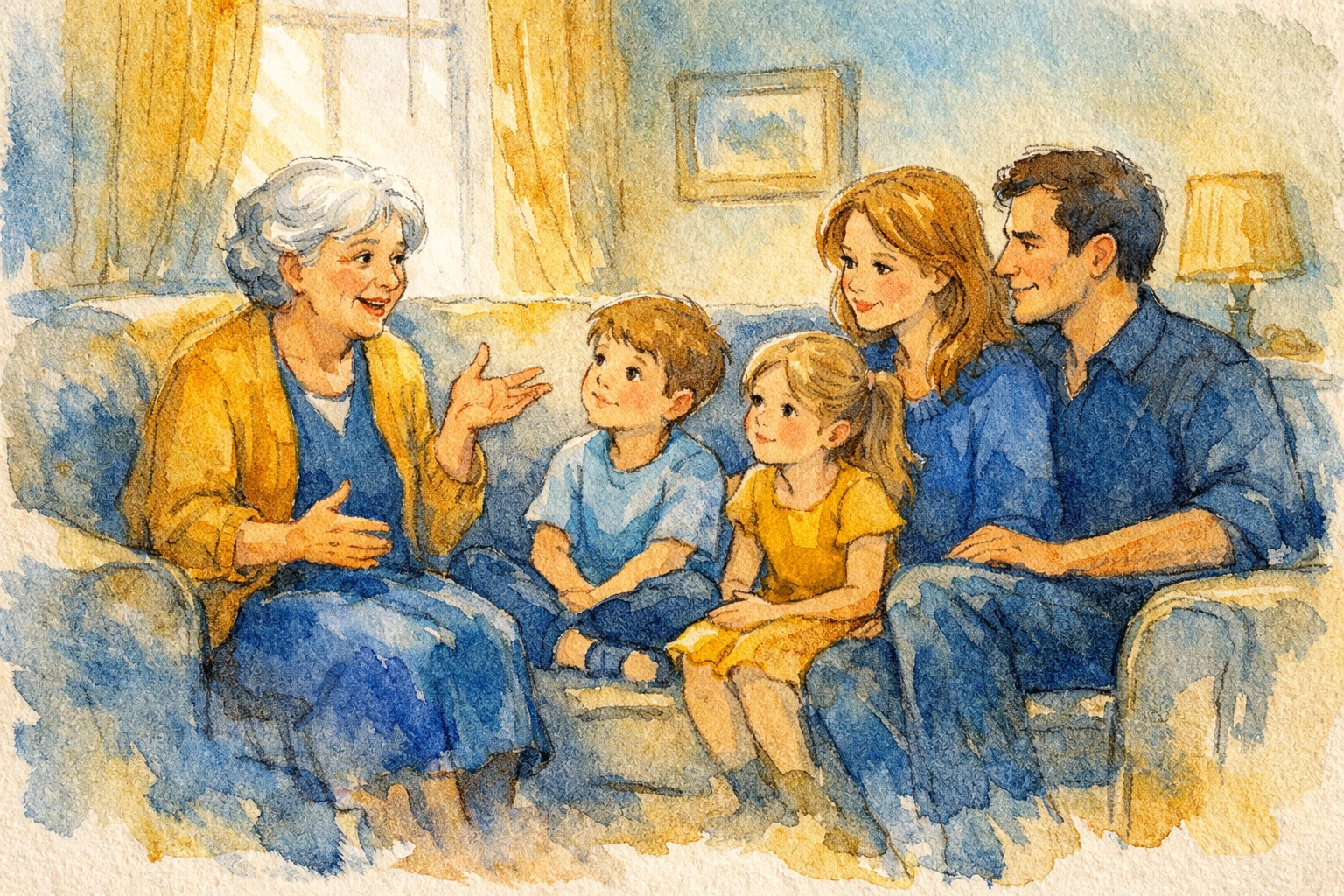 Grandmother sharing family stories with children and parents in living room