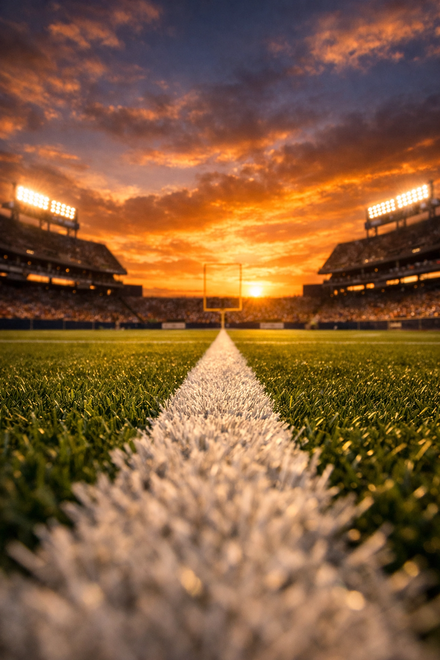 A pristine football field at sunset, symbolizing a successful Super Bowl hosting strategy and corporate branding blitz.