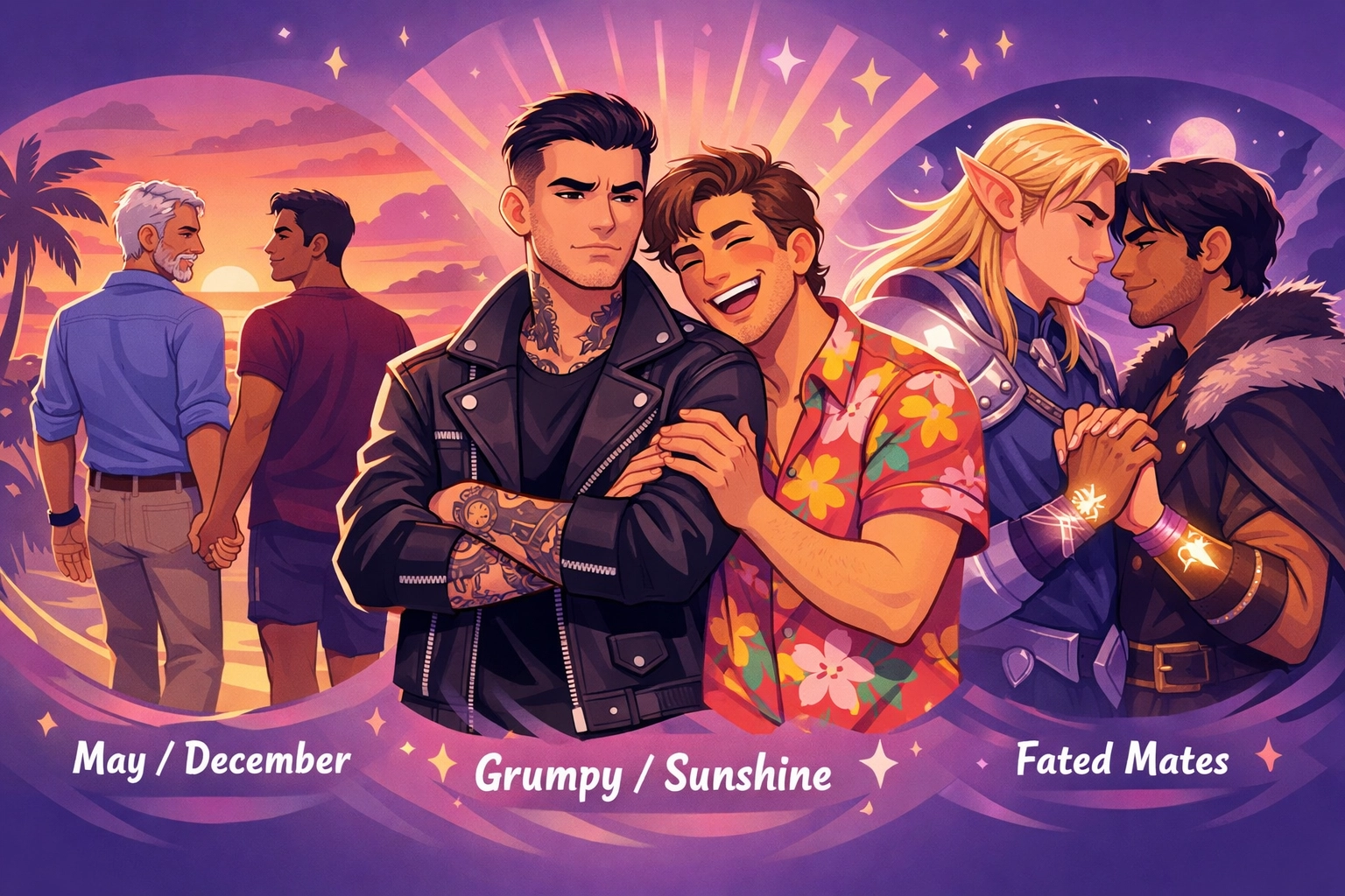 Diverse LGBTQ couples representing different MM romance tropes including grumpy sunshine and fated mates.