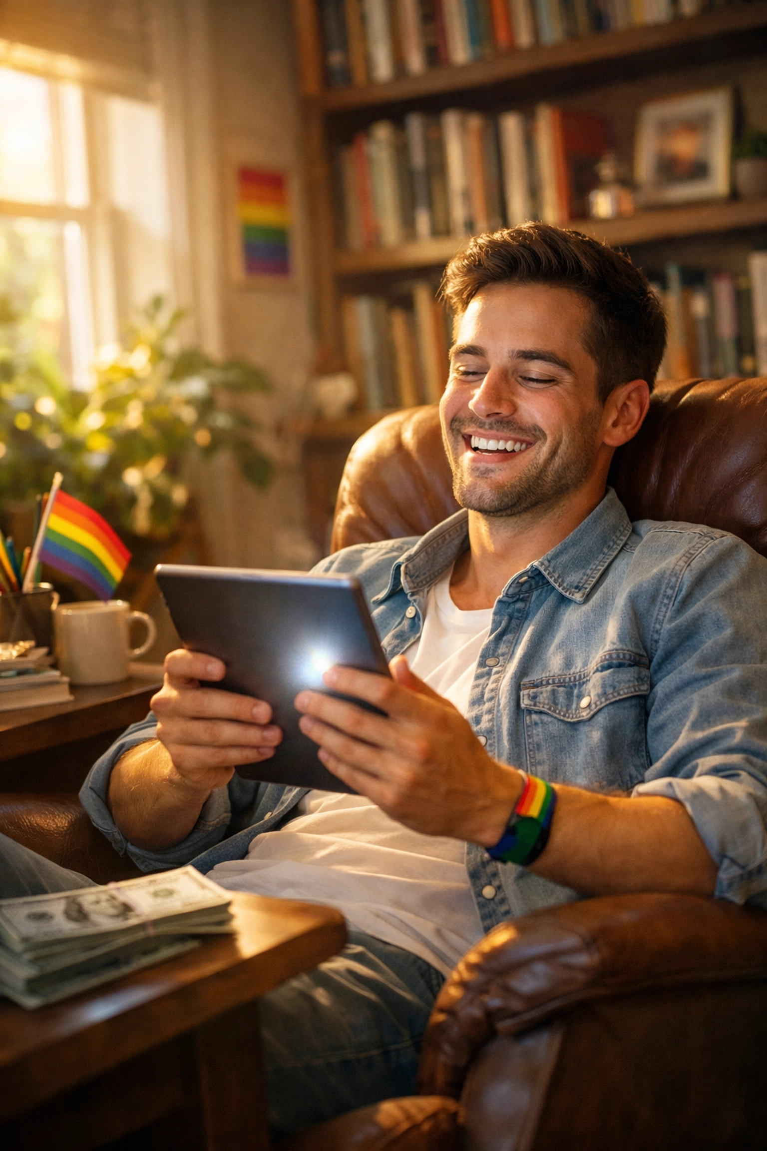 Successful gay author checking high book royalties for his 2026 MM romance novel in a sunlit home office.