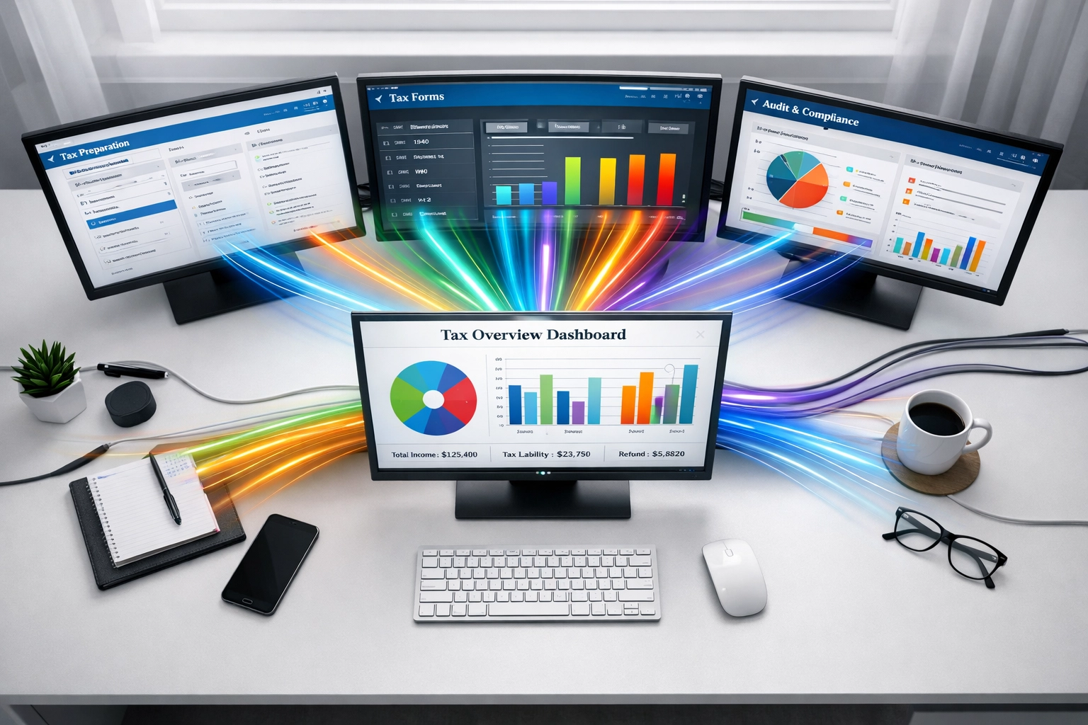 Multiple monitors displaying tax software interfaces converging into centralized ERO return aggregation dashboard