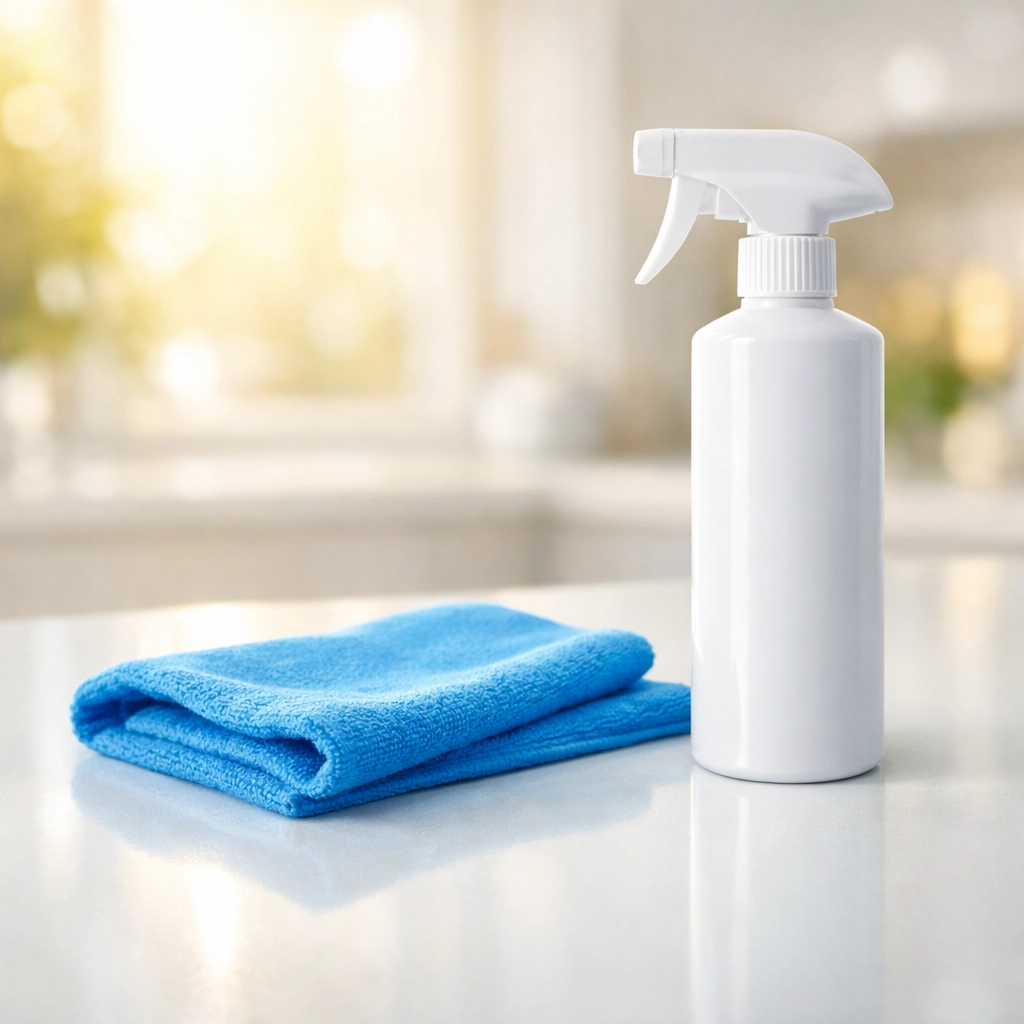 Eco-friendly cleaning tools and a microfiber cloth on a sanitized high-end countertop in a Carlisle home.