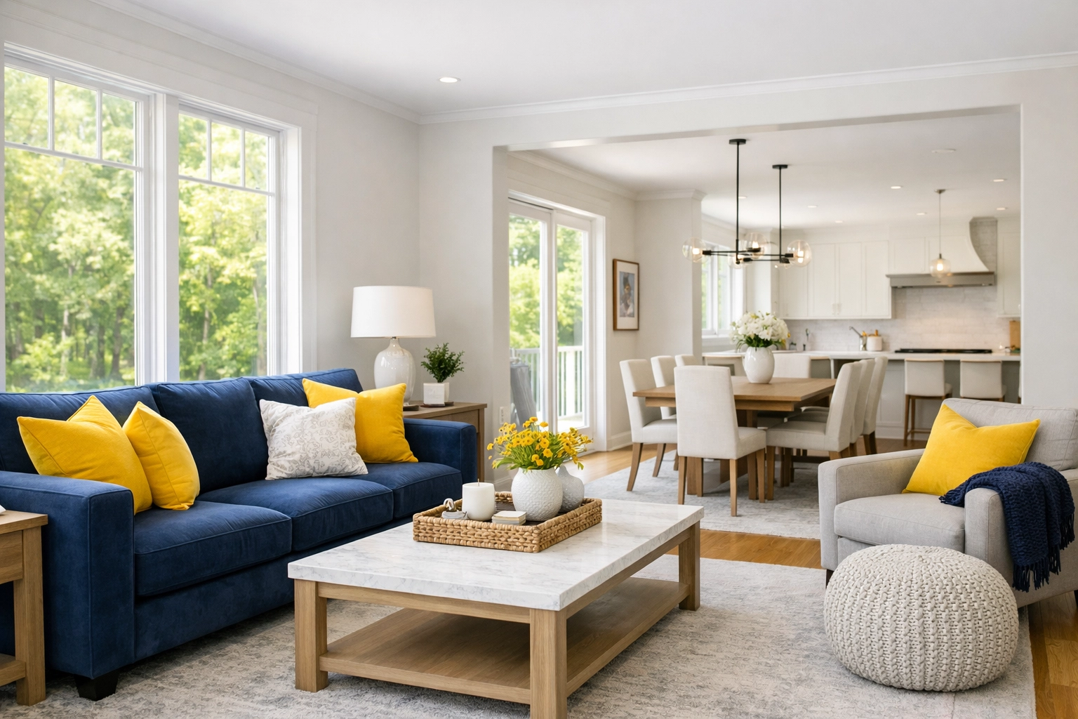 Sun-drenched modern living room in a Brimfield home professionally cleaned and organized.