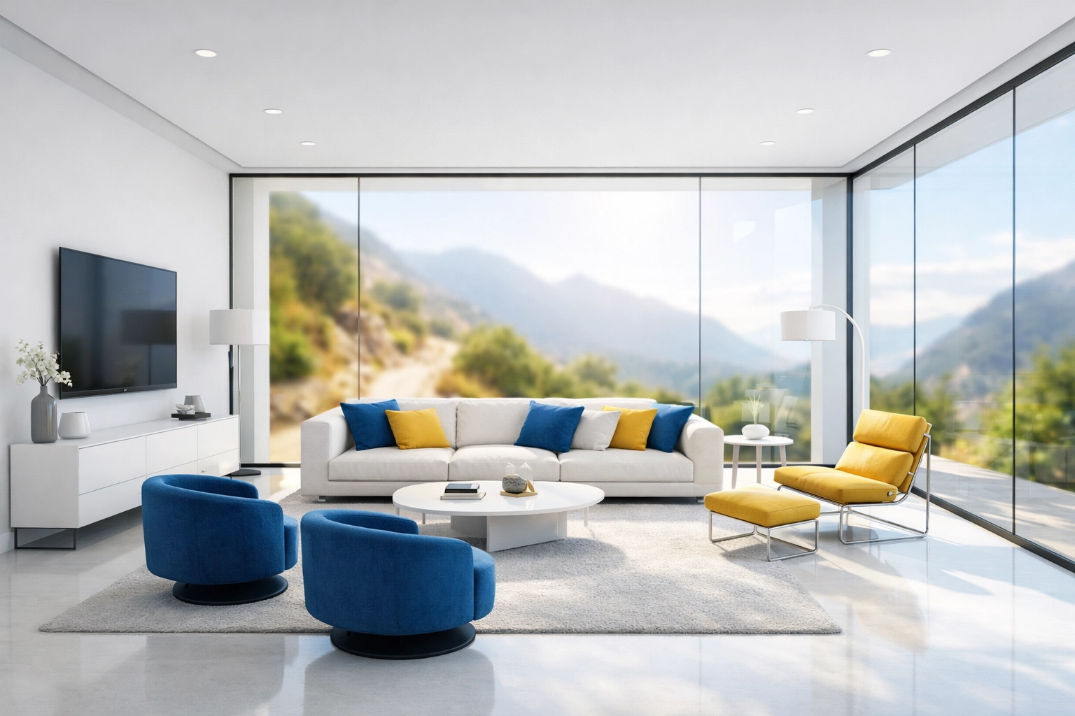 Sparkling living area with spotless floors and mountain views, highlighting quality cleaning services.