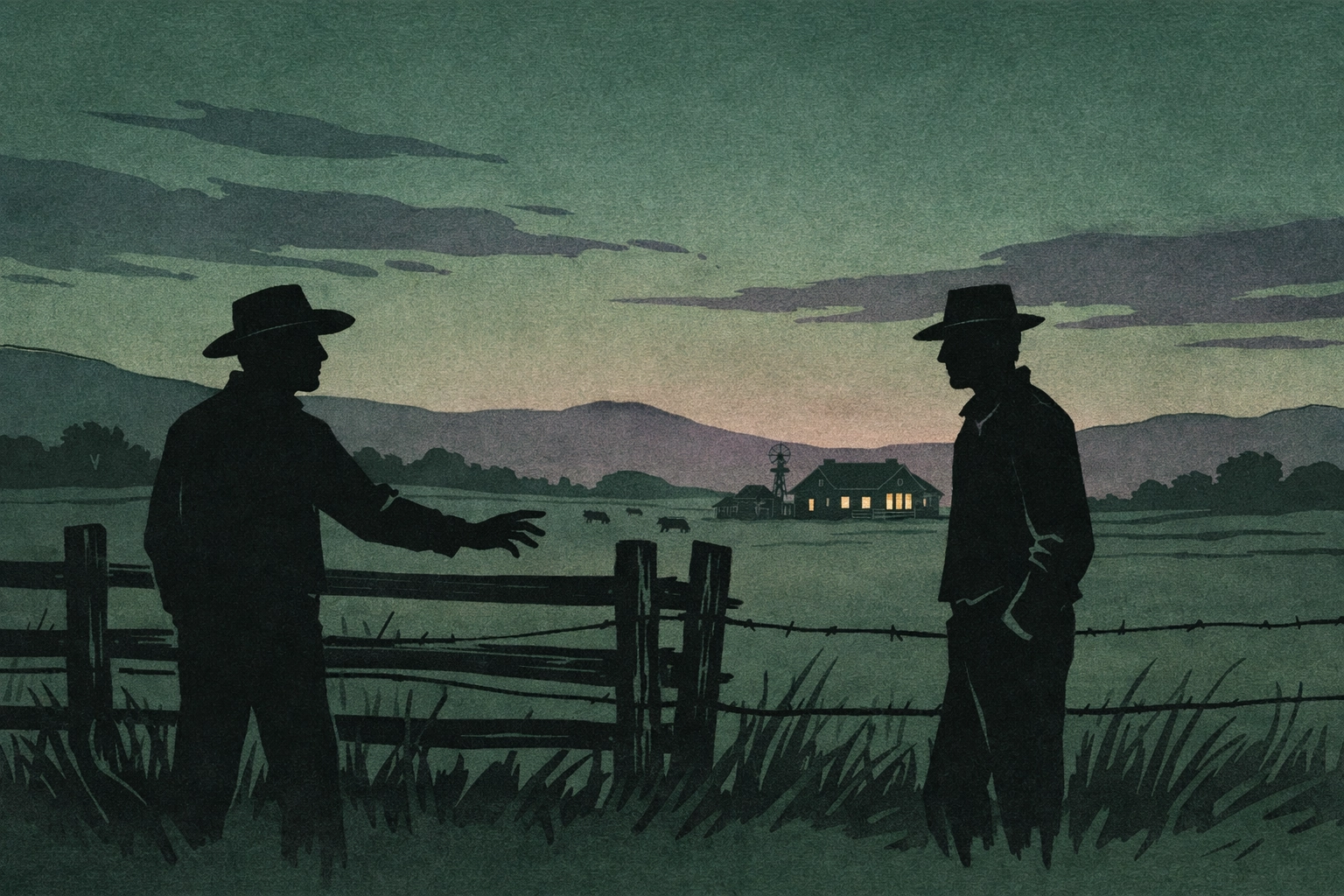 Texas ranch landscape showing two men separated by fence representing two worlds