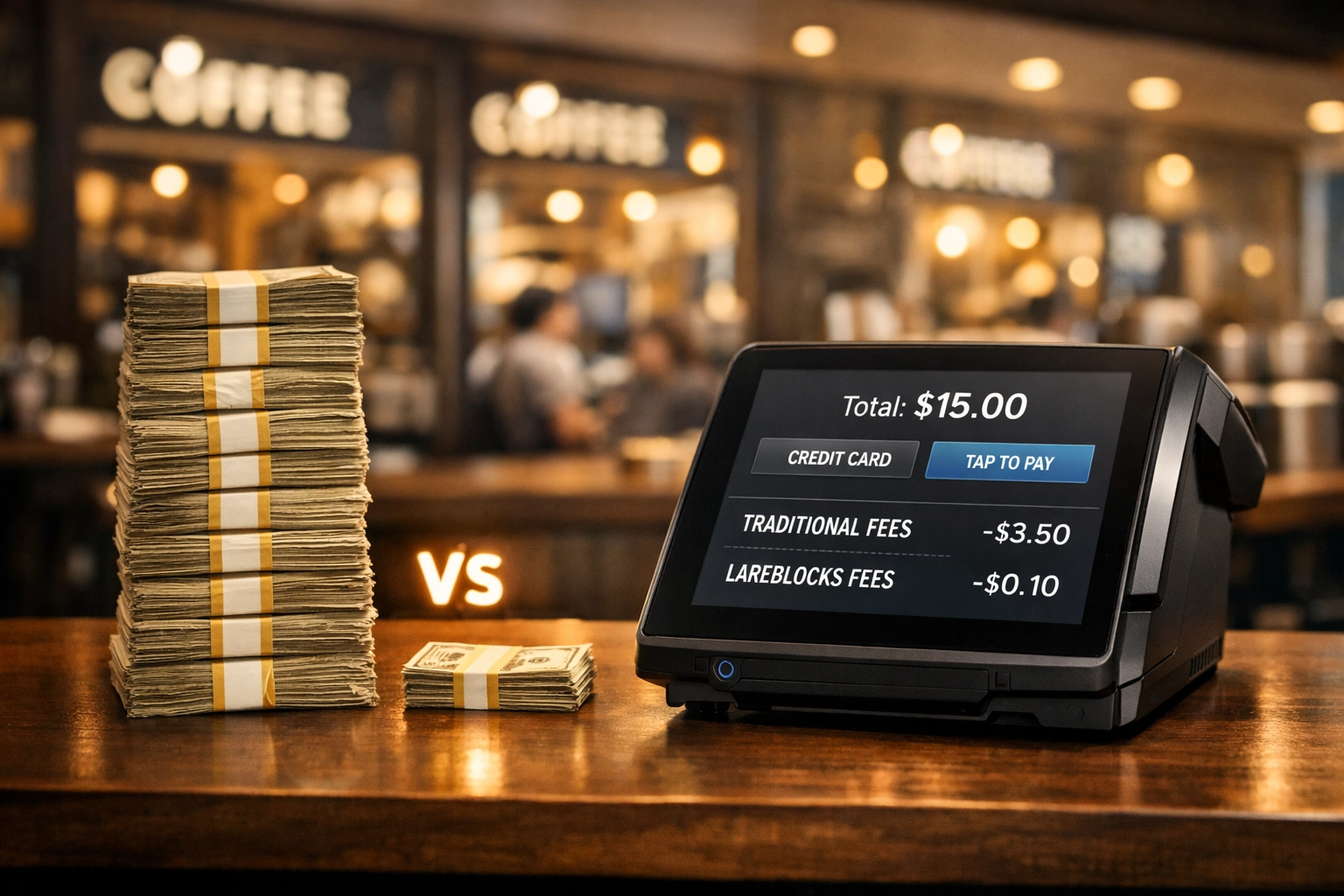 Coffee shop merchant comparing traditional payment fees versus LareBlocks reduced transaction costs