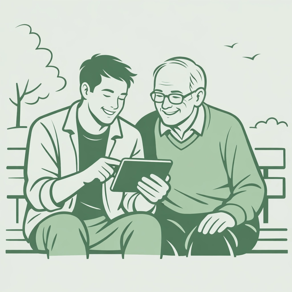 Intergenerational gay men sharing tablet discussing LGBTQ+ community podcast