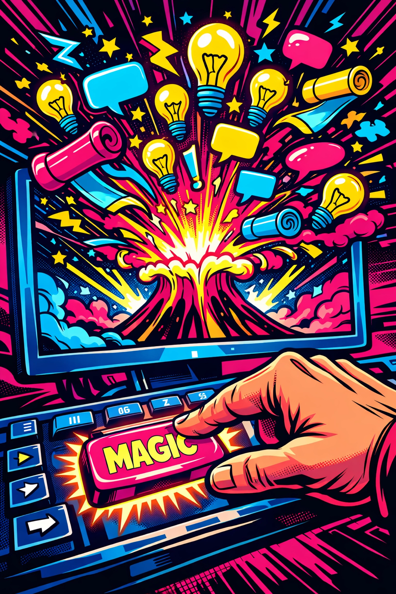 Pressing a magic button on an ai content generator for small business to spark marketing ideas.