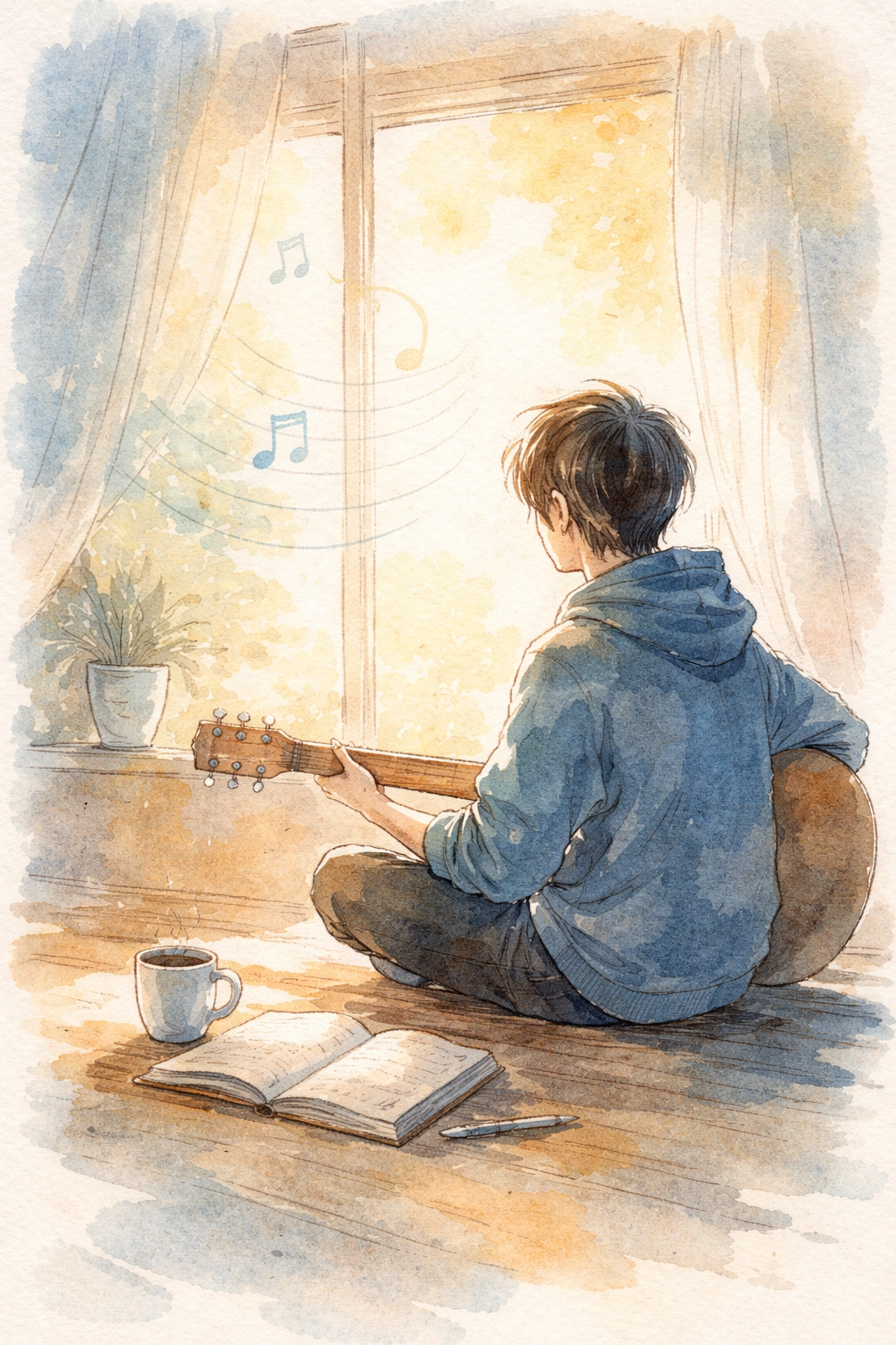 A person journaling and playing acoustic guitar alone in a sunlit room, expressing healing through Christian songwriting.
