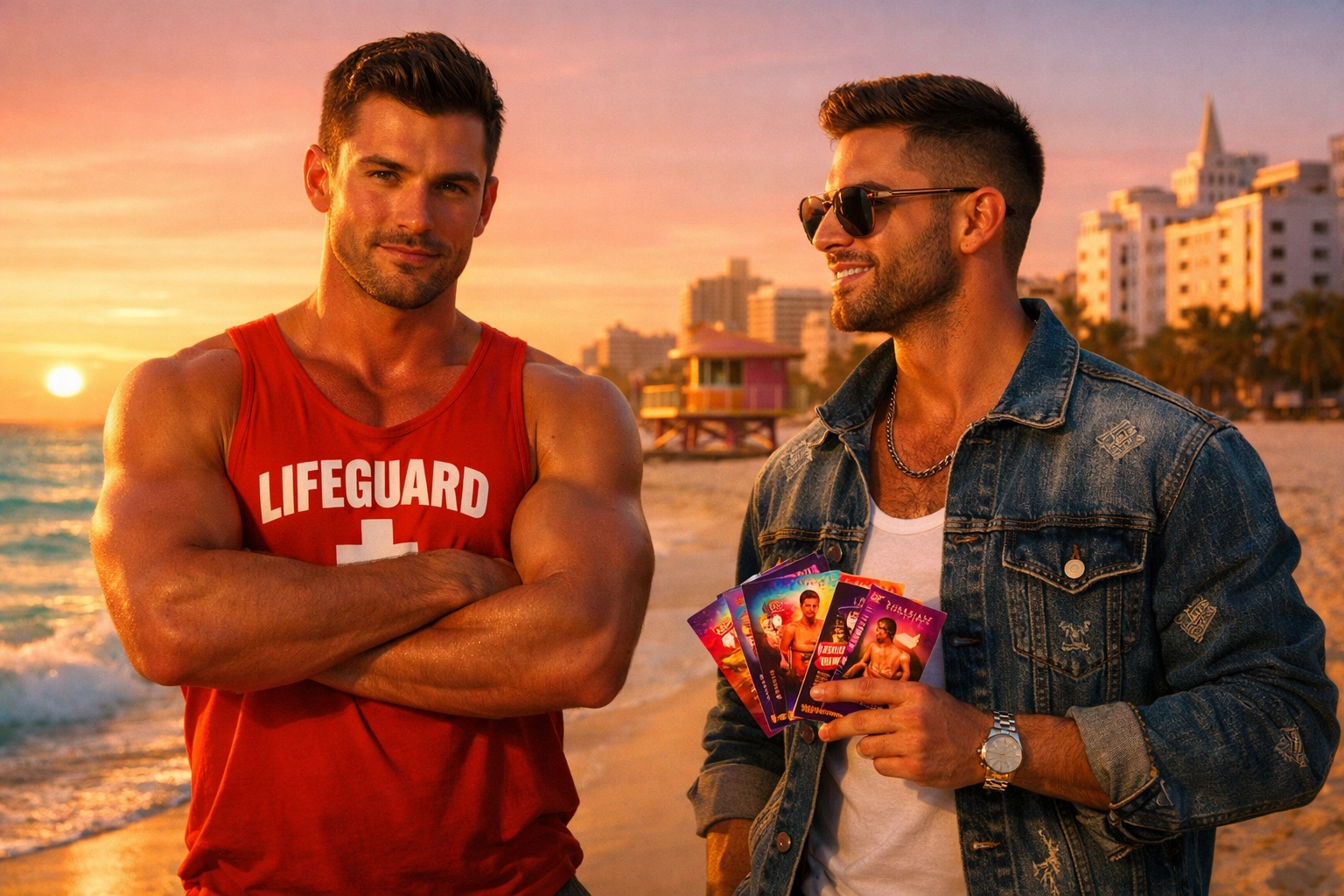 Lifeguard and club promoter meet on South Beach Miami at sunset - gay romance story