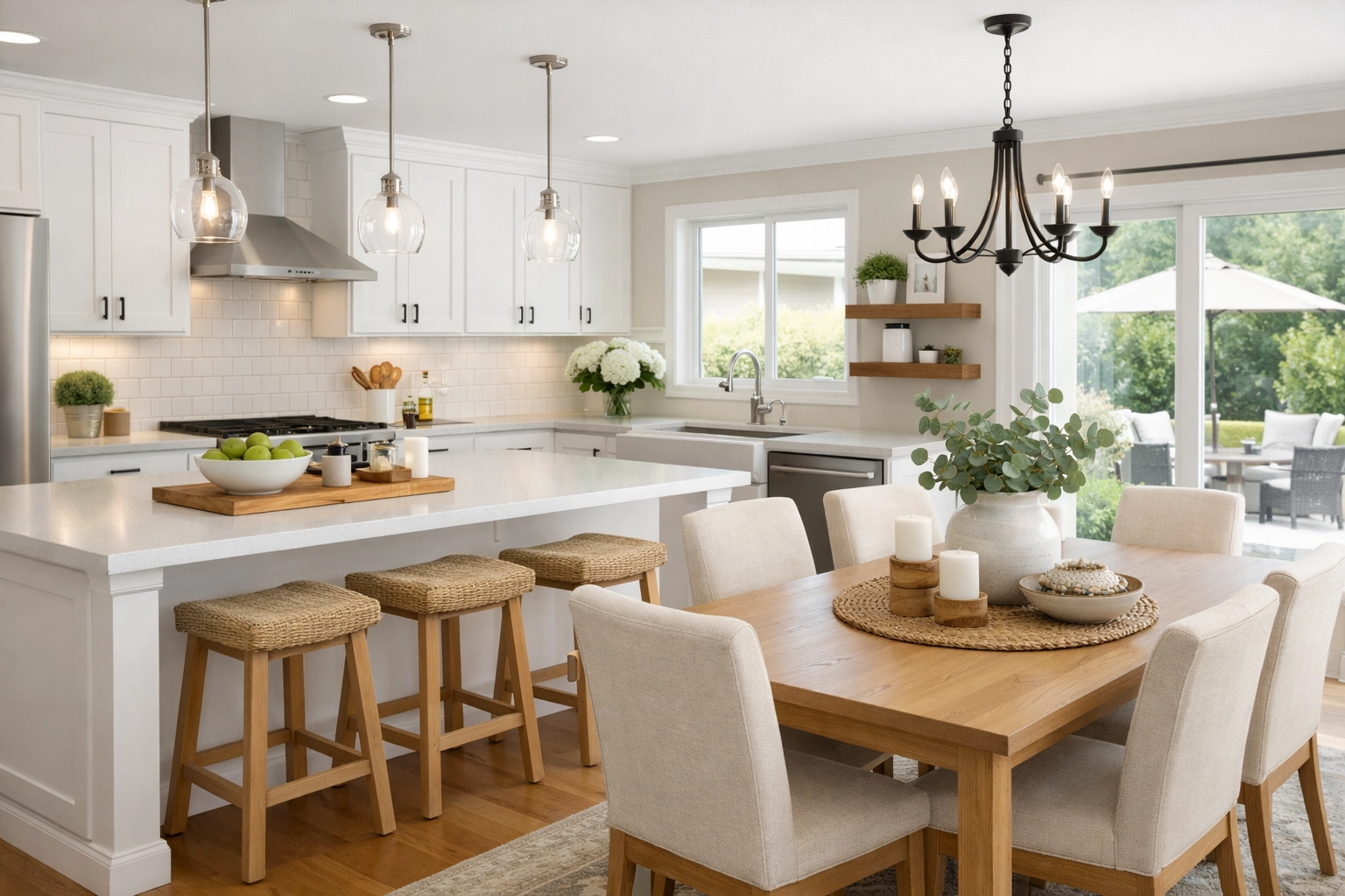 Bright, staged kitchen and dining space with natural light and modern clean finishes.