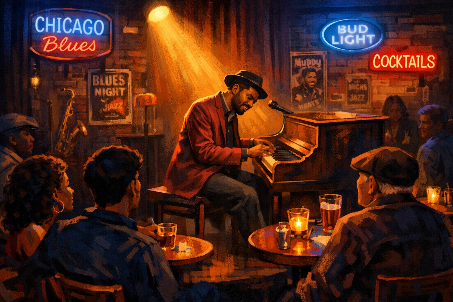 Blues musician performing piano in intimate Chicago jazz club with warm lighting