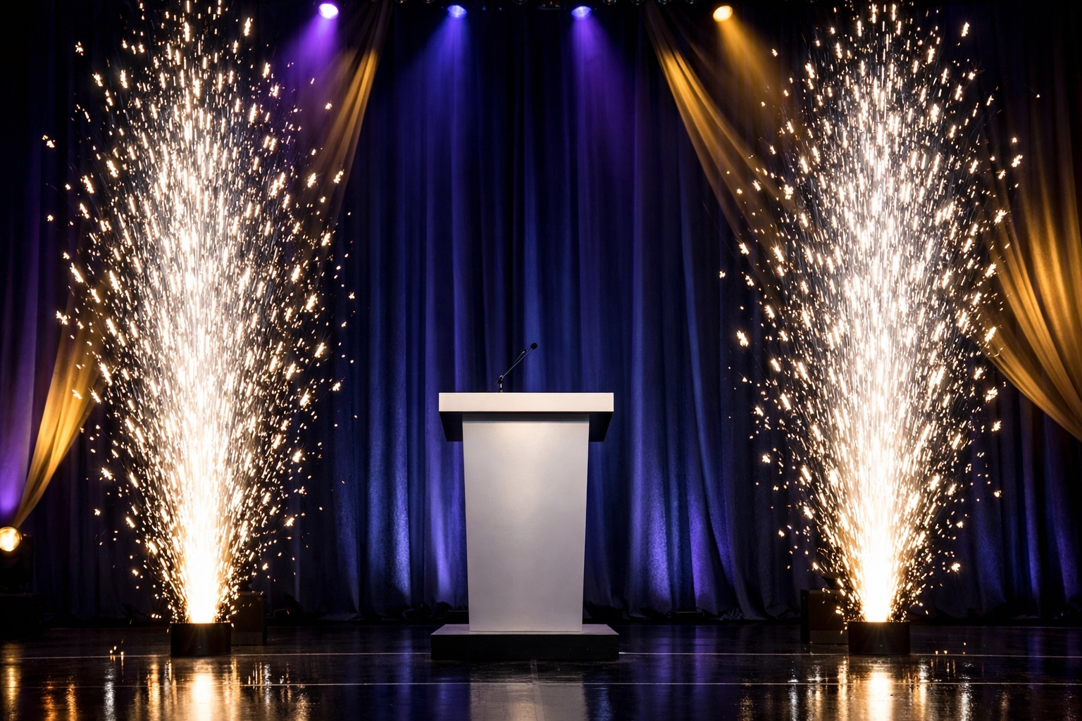 Cold spark fountains erupting on a sleek corporate stage for a high-energy brand launch in Denver.