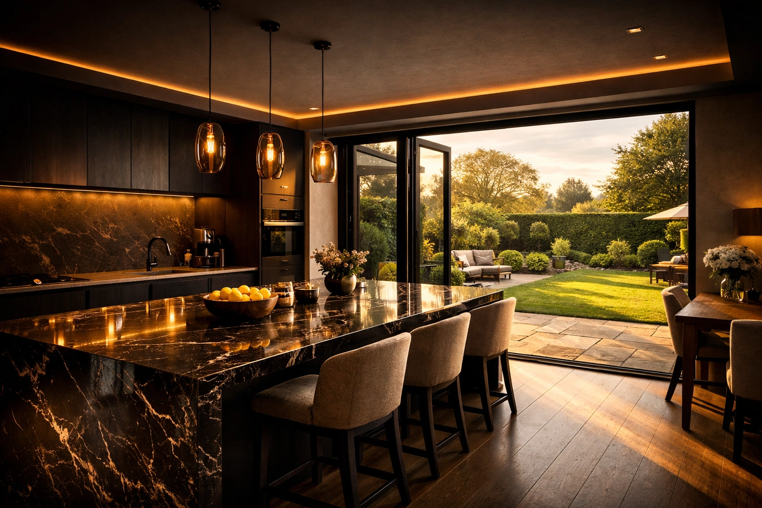 Premium kitchen-diner extension in Chichester with energy-efficient bi-fold doors opening to a garden.