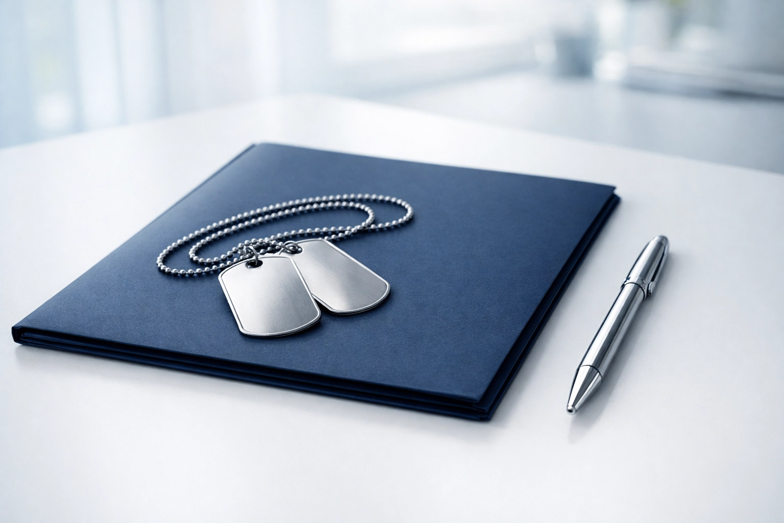 Military dog tags on a professional folder representing an approved VA disability claim and veteran success.